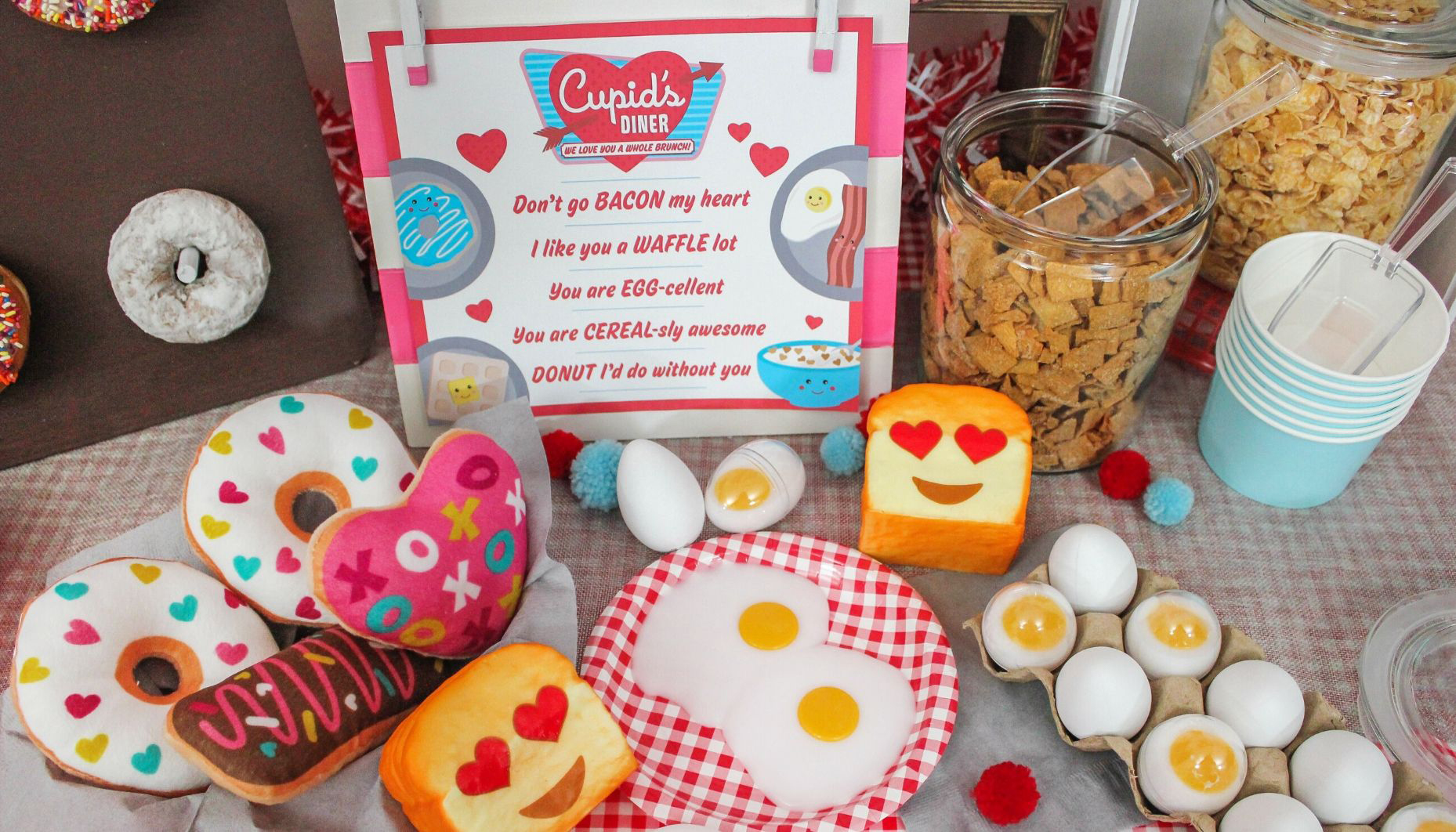 menu board and plush donuts, slime eggs and toast squishies