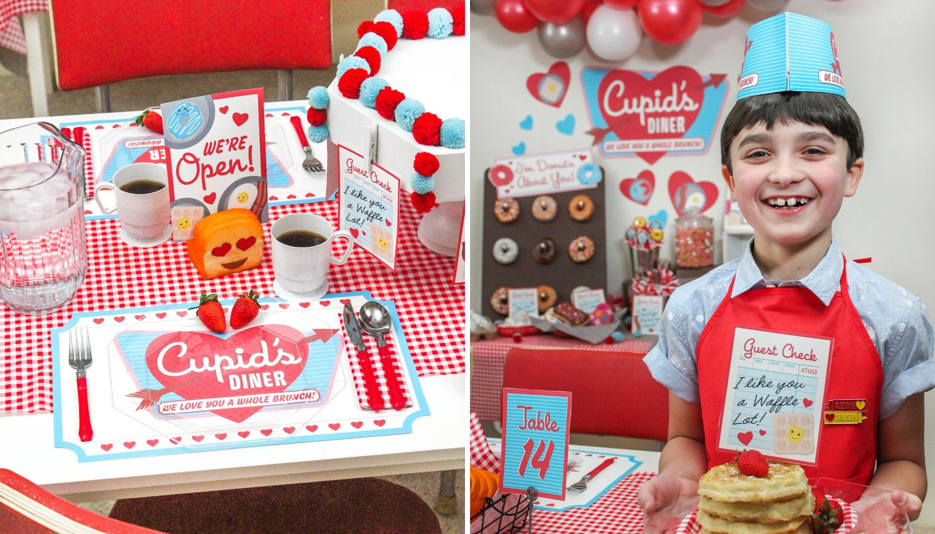 Cupid's Diner place settings and boy dressed as a waiter holding waffles