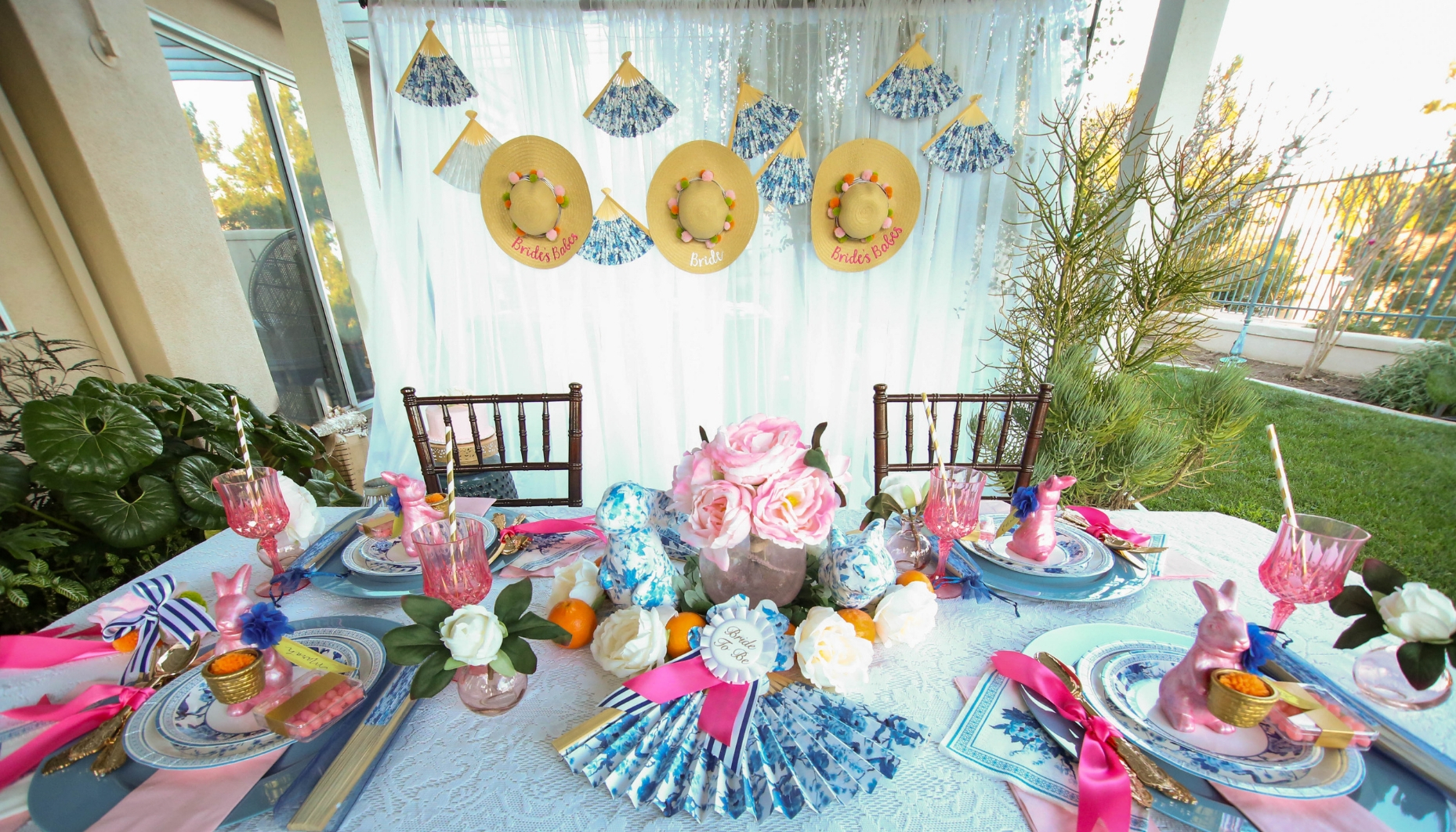 chinoiserie spring garden bridal shower with bunnies and peonies