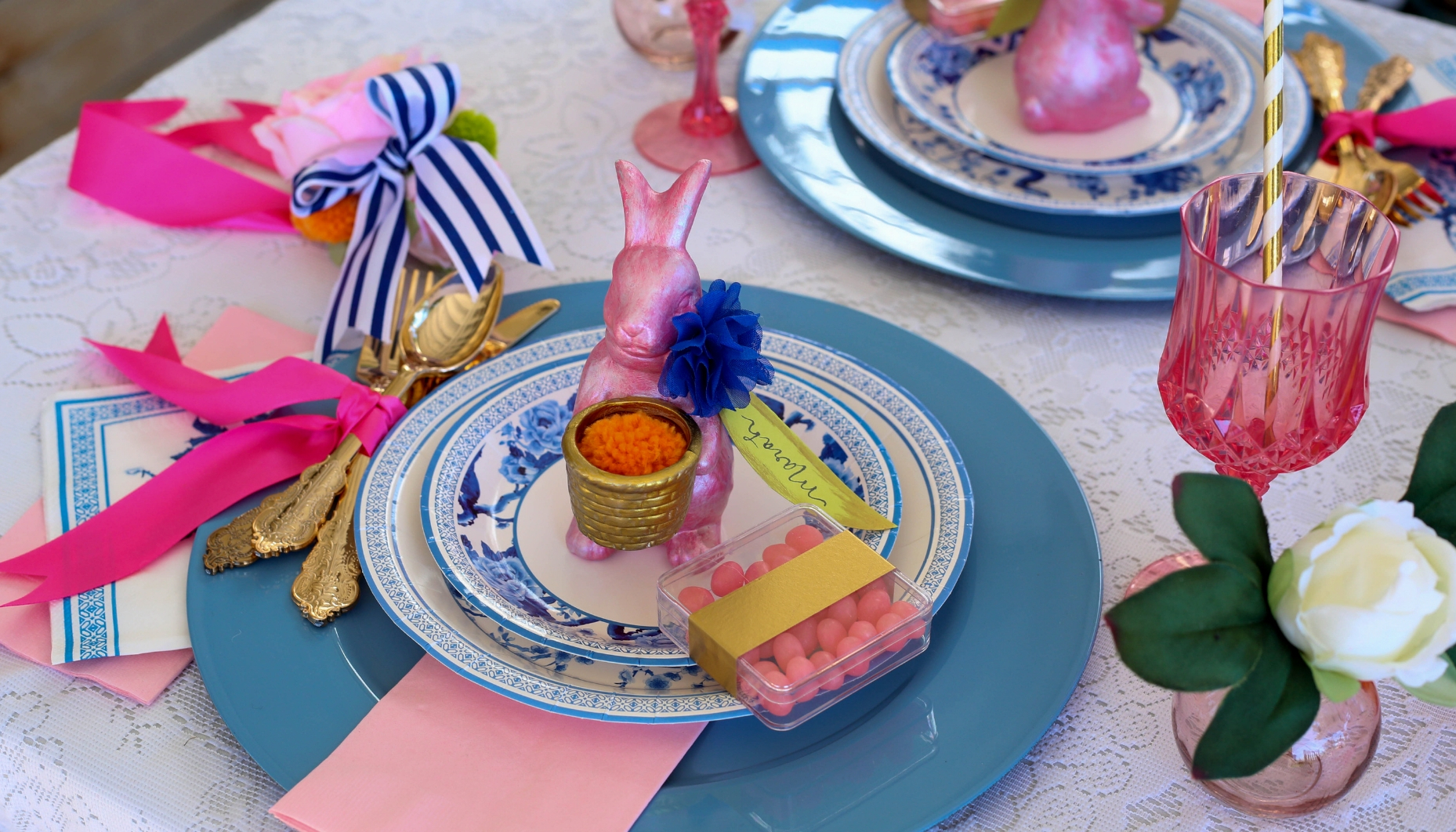 Blue and white Spring bridal shower table setting