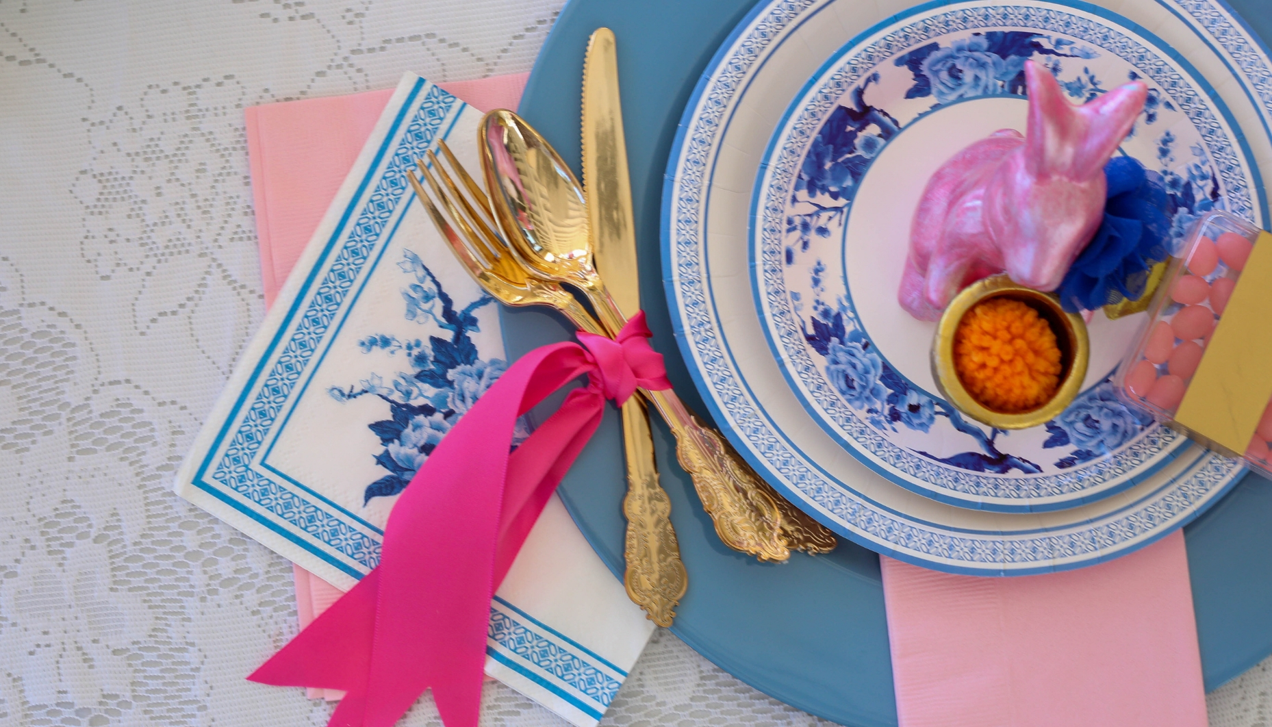 Chinoiserie place settings for a Spring bridal shower or Easter celebration