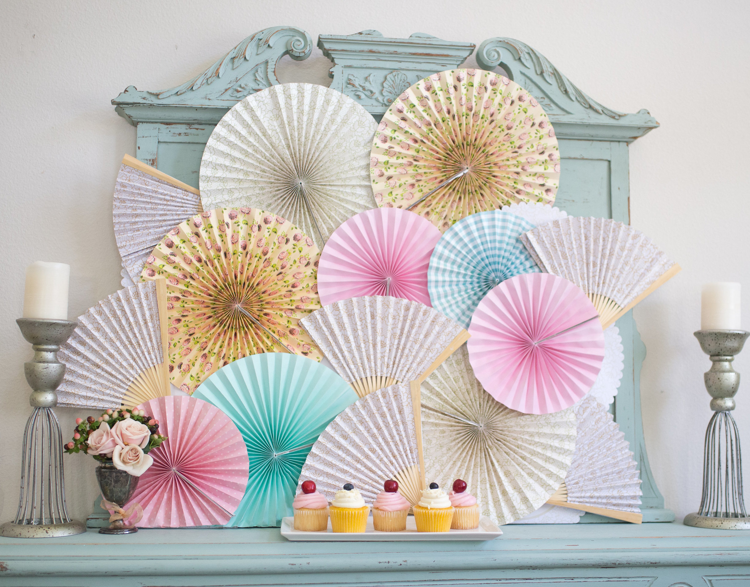 tissue fan backdrop paper hand fan art installation bridal shower romantic shabby chic