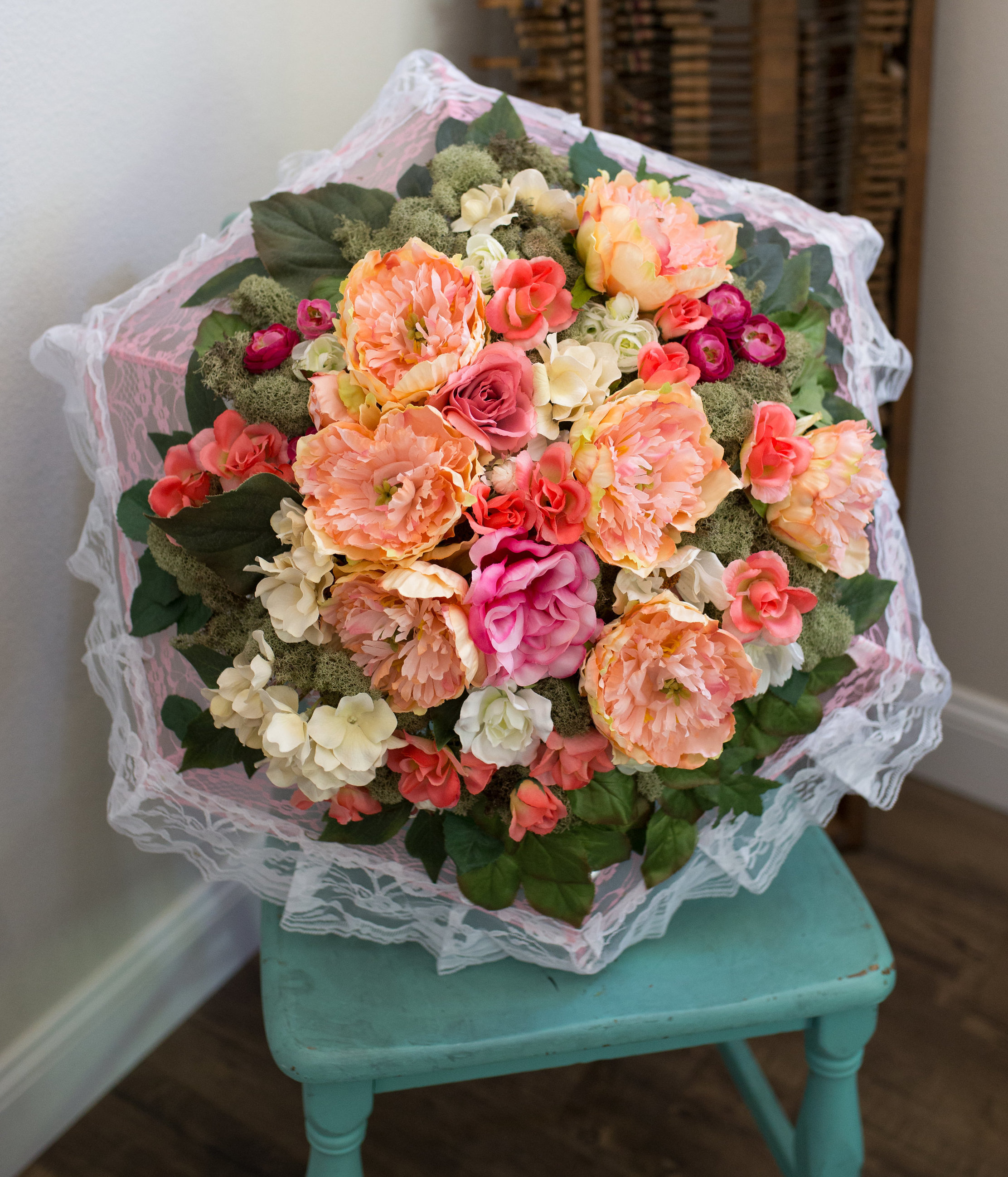 vintage romance bridal shower lace parasol silk flowers peonies hydrangeas moss wedding decorations DIY