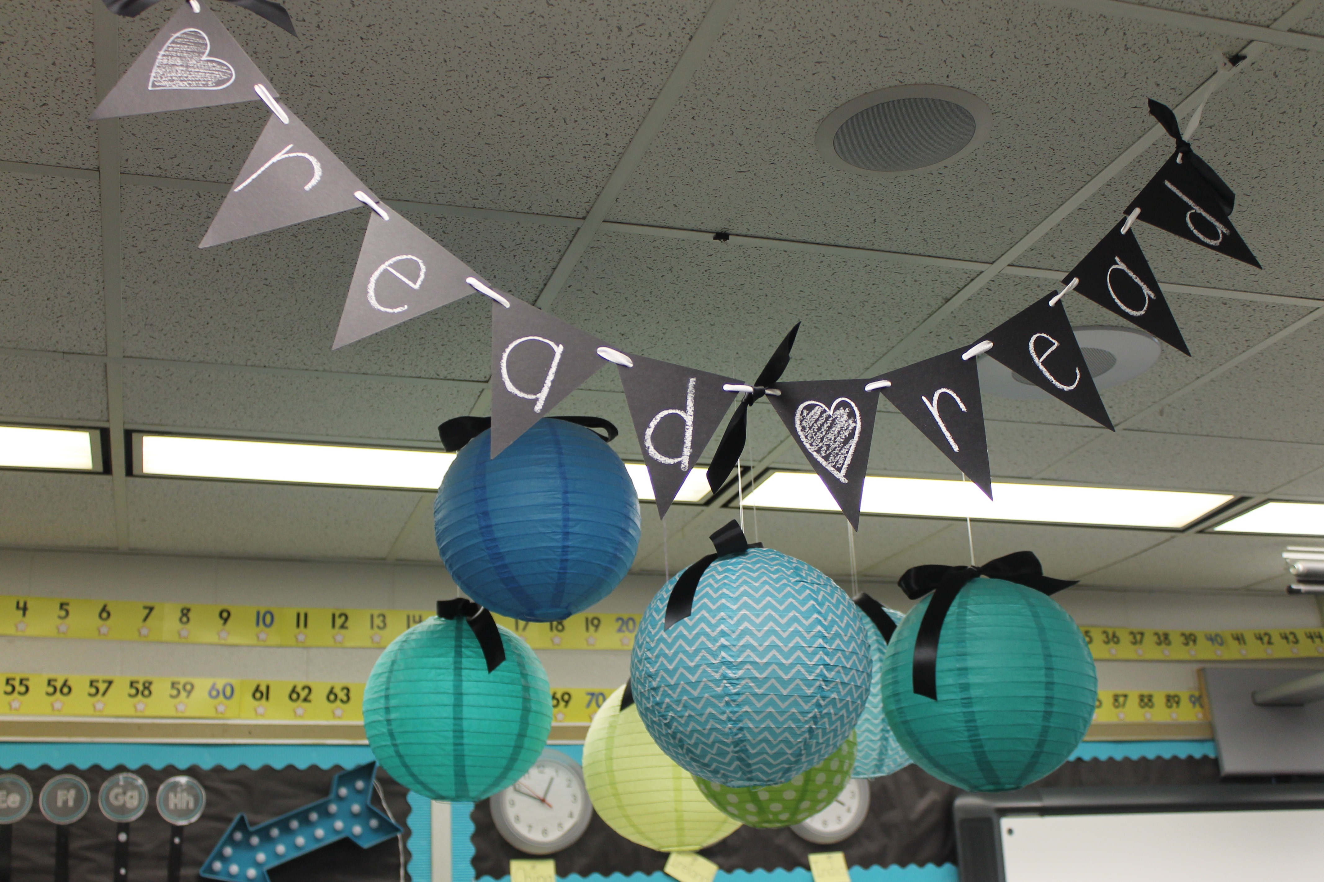 Chevron Paper Lanterns with Black Satin Ribbon and Chalkboard Sign