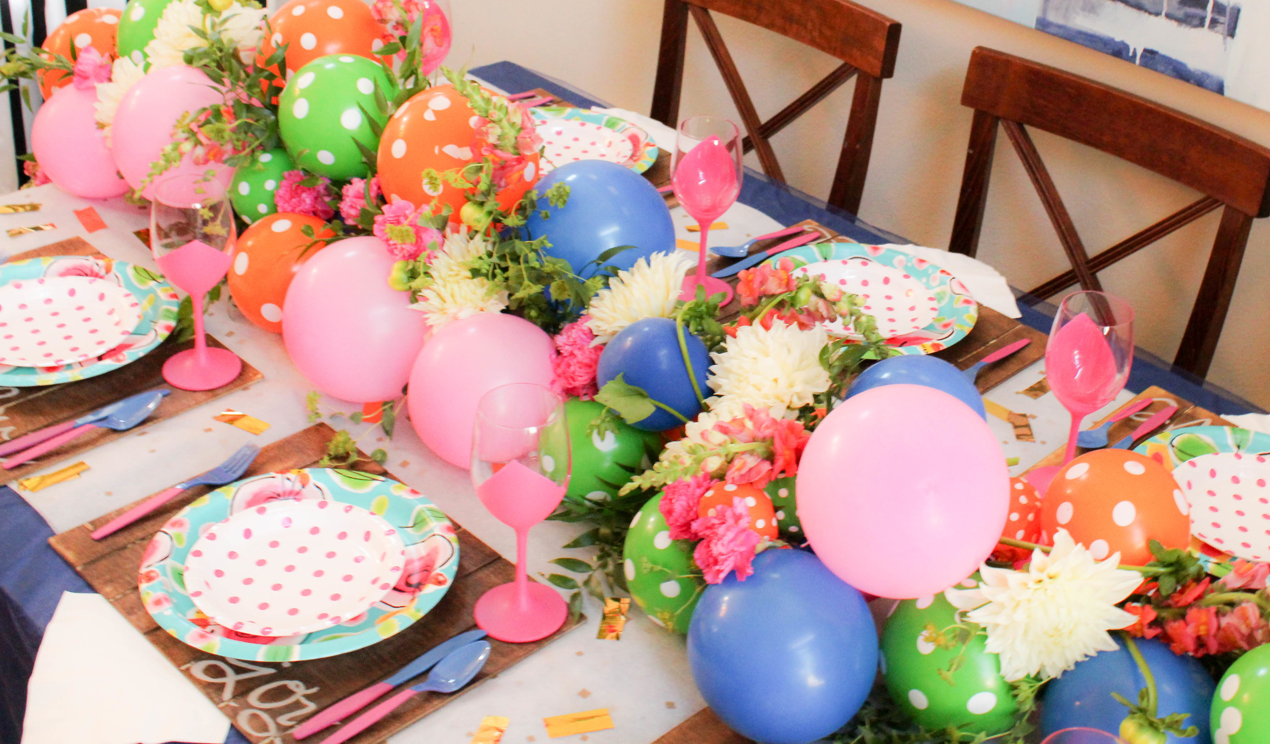 flowers and ballooons wedding polka dot table runner garland