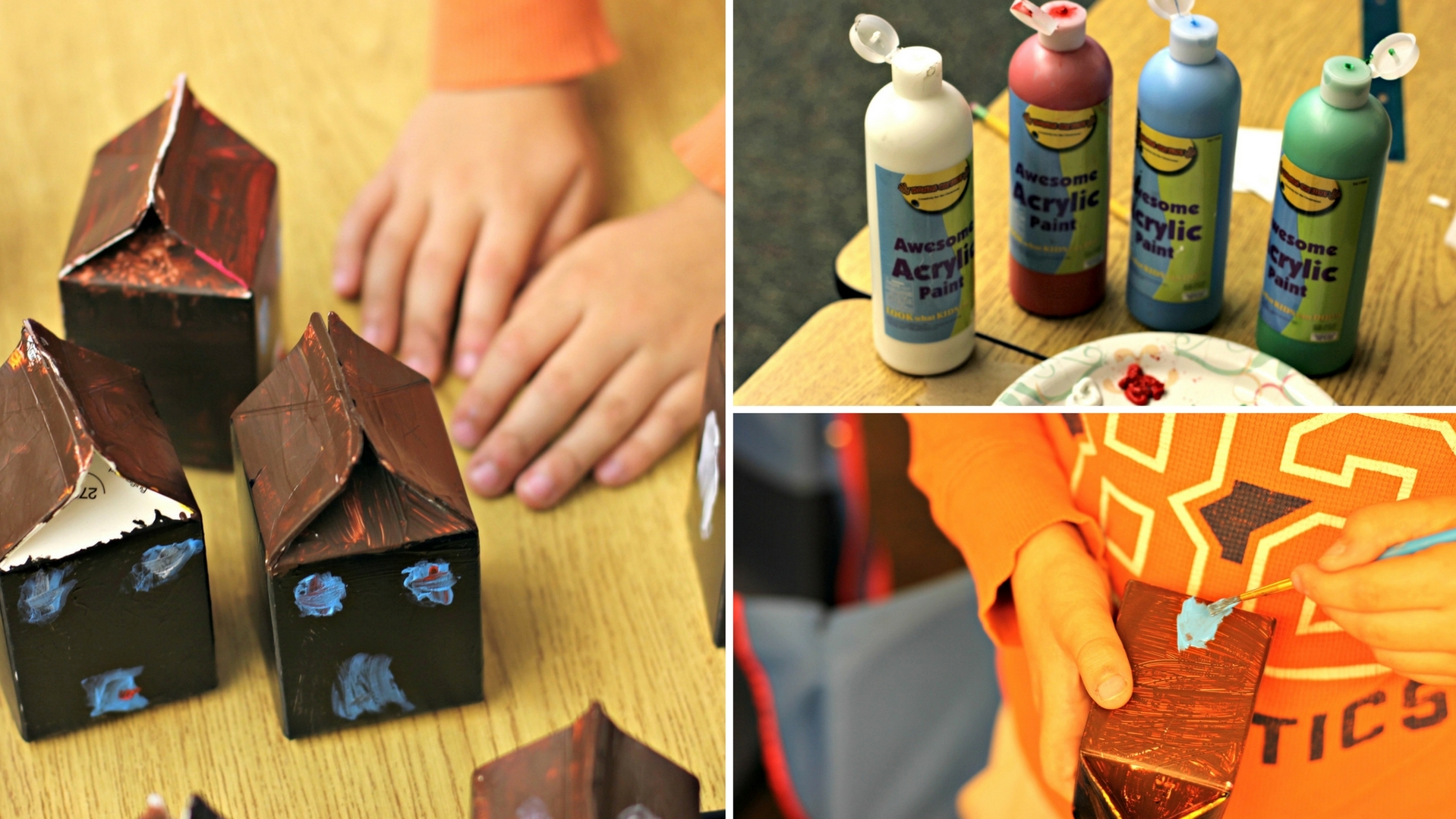 Students use acrylic paint, paintbrushes, and milk cartons to create the three different types of communities.