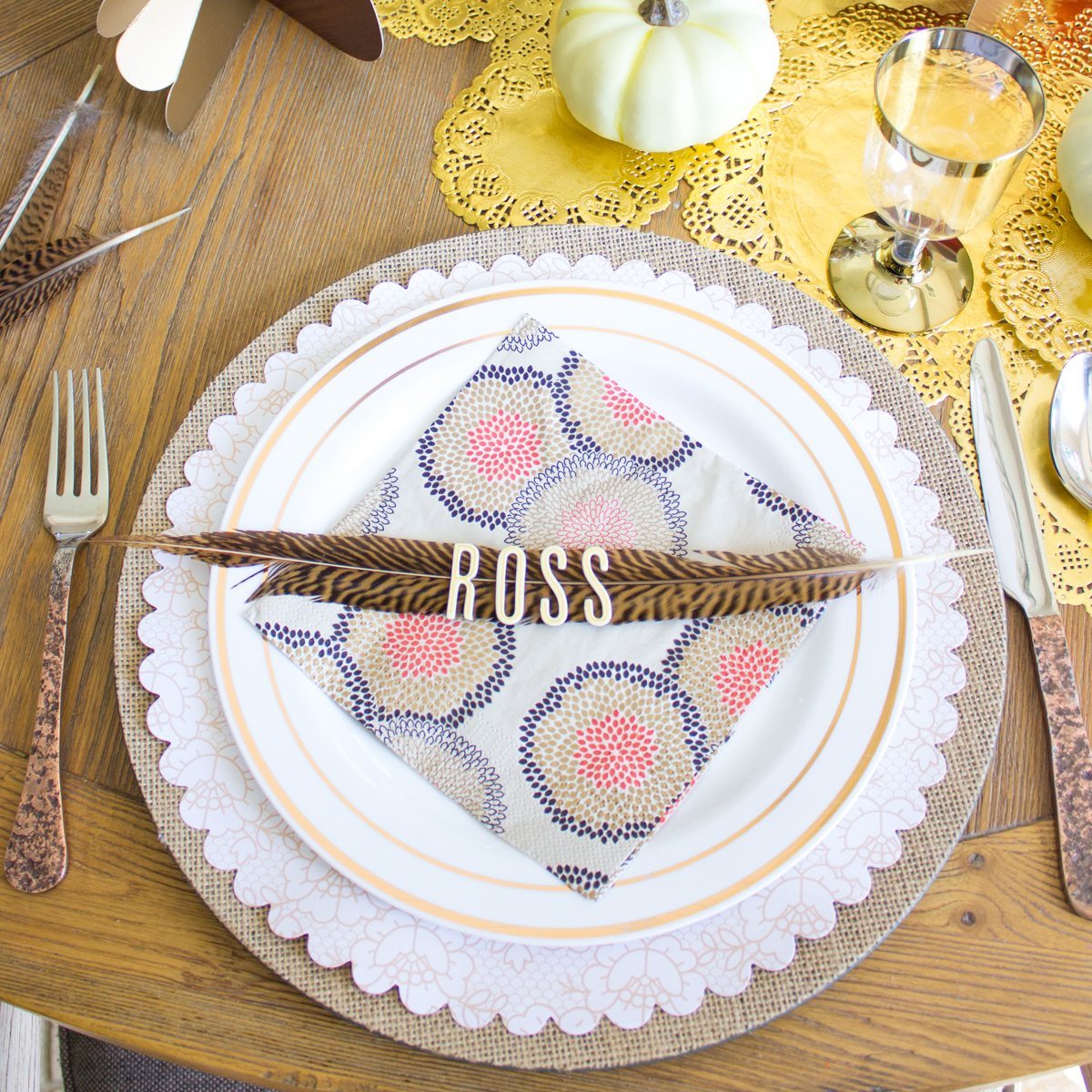 Pheasant feather place cards for Thanksgiving