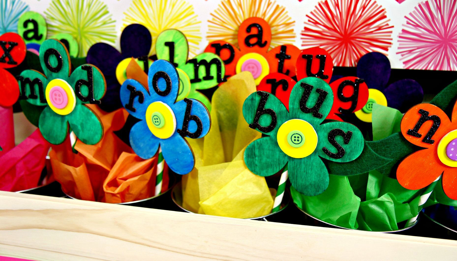 Students will love reading these CVC and CVCe words on these DIY wooden flowers from Oriental Trading!