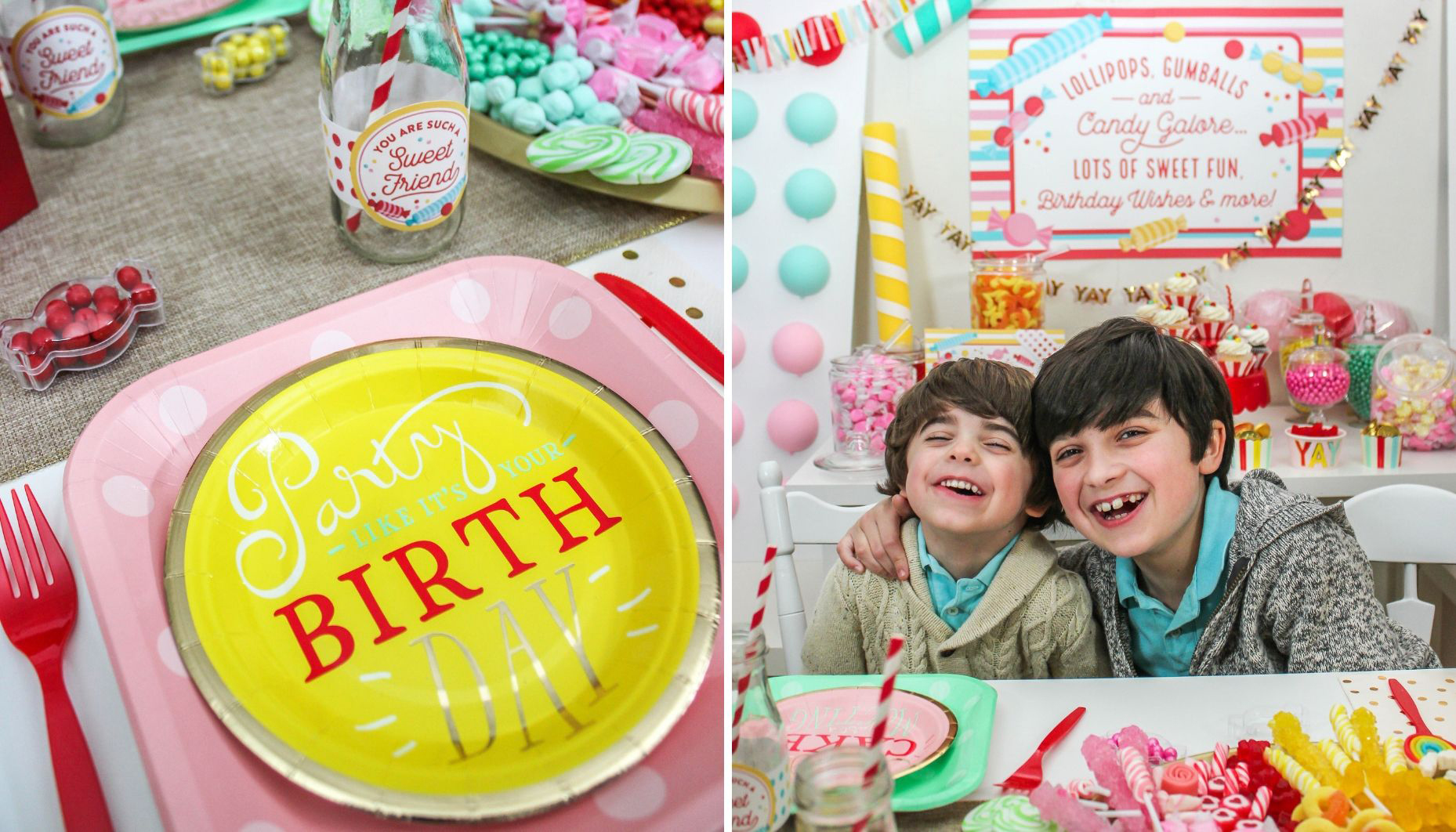 photo of place setting on left and photo of two boys eating candy on right