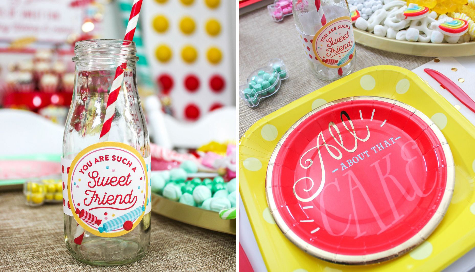 photo of bottle with label printable on left and place setting on right