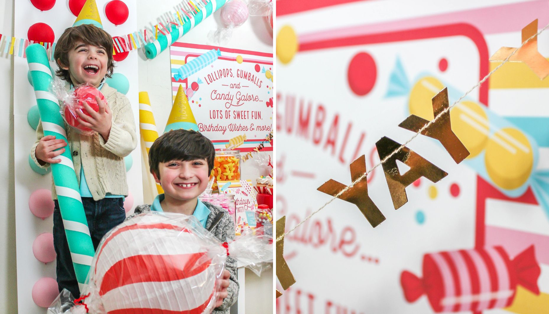 photo of two boys with large DIY candies on the left and a photo of a YAY banner garland on the right
