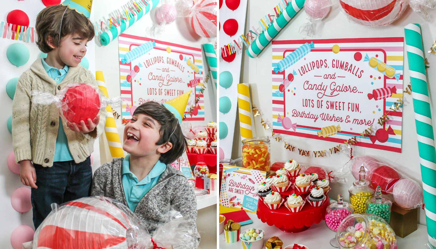 photo of two boys laughing on the left and full dessert table on the right