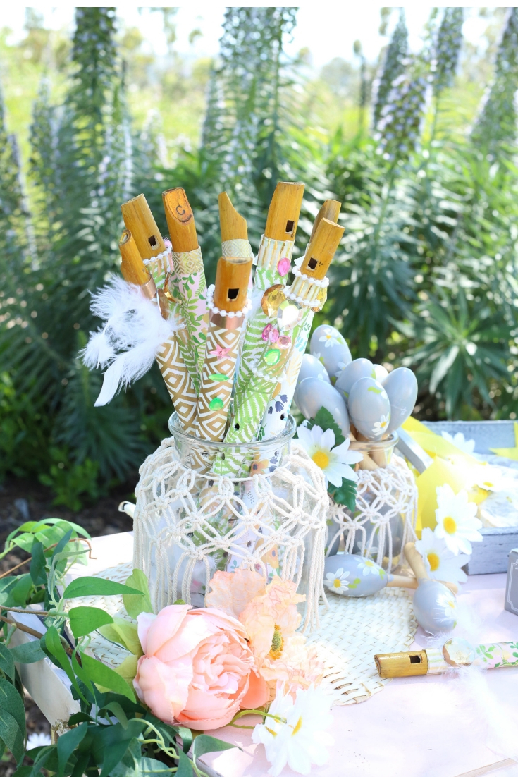bohemian decorated flutes for a wedding sendoff Decoupaged and embellished flutes add charm and whimsy to a musical favor station, guests can send off the bride and groom with a musical serenade.