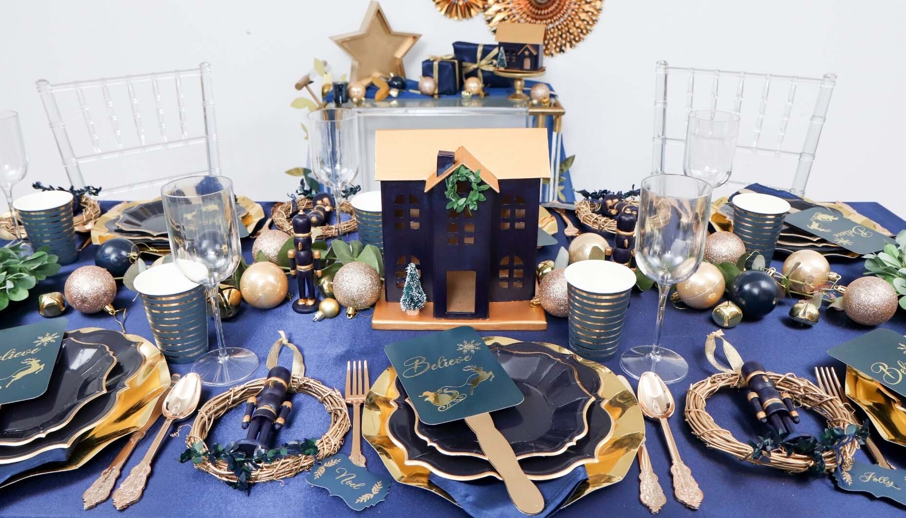 Navy and Gold Holiday Tablescape | Fun365