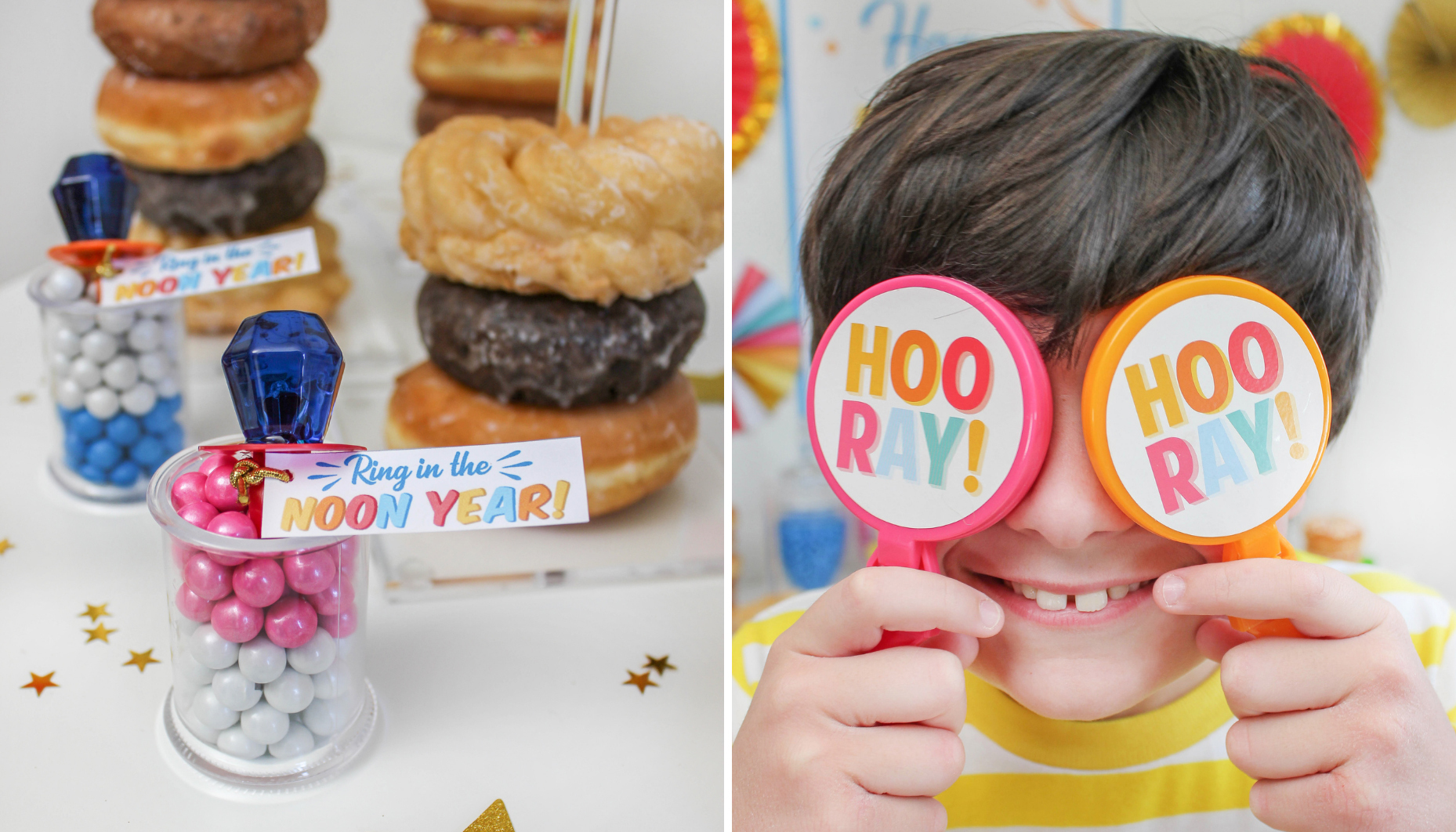 Ring Pop candy treats and boy with 'Hooray' hand clappers over his eyes