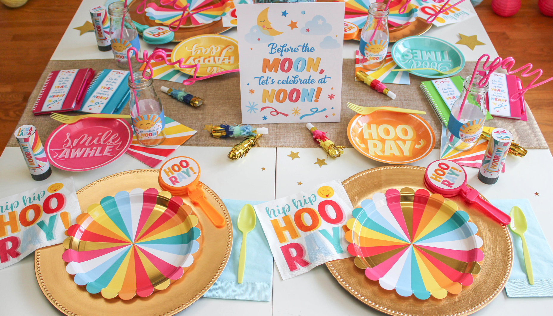 Colorful place settings for Noon Year's Eve party