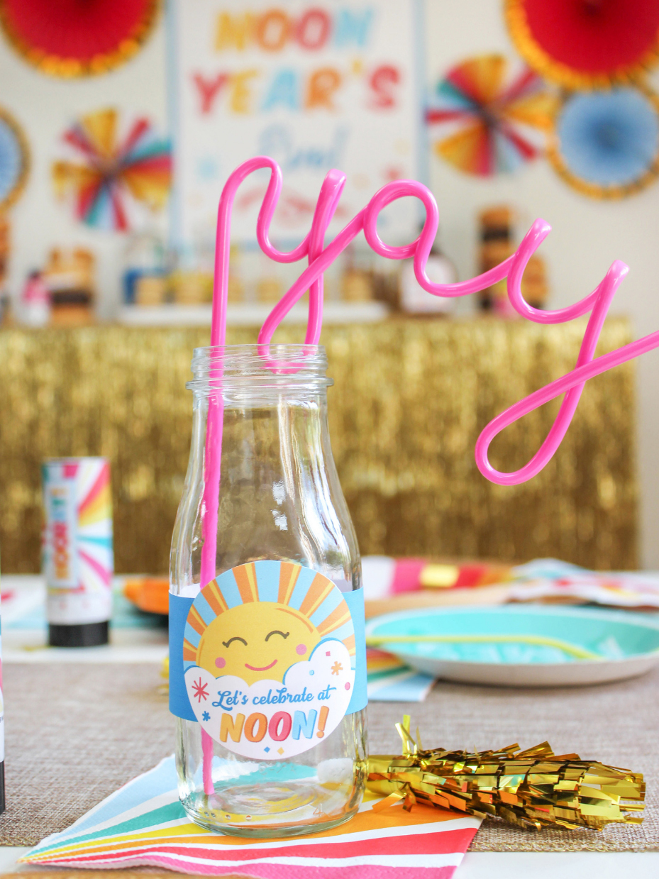 Glass milk bottle with printable label and yay straw