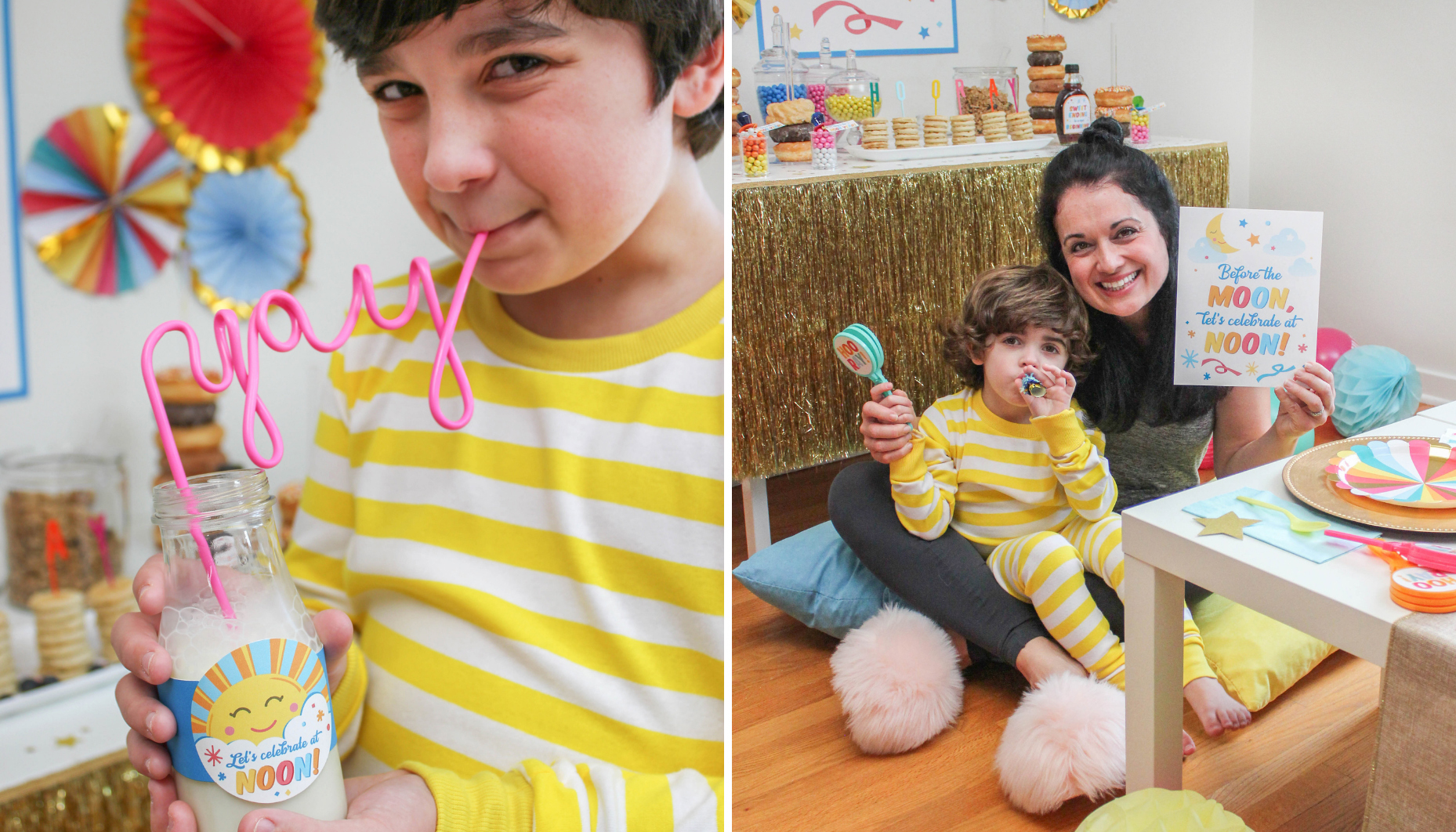Boy drinking from a yay straw and mom and boy sitting on pillows at table