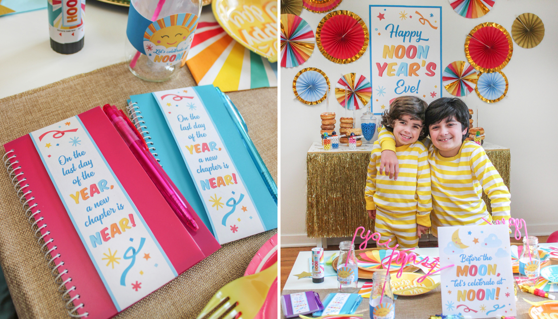 notebook favors and two boys at the party table