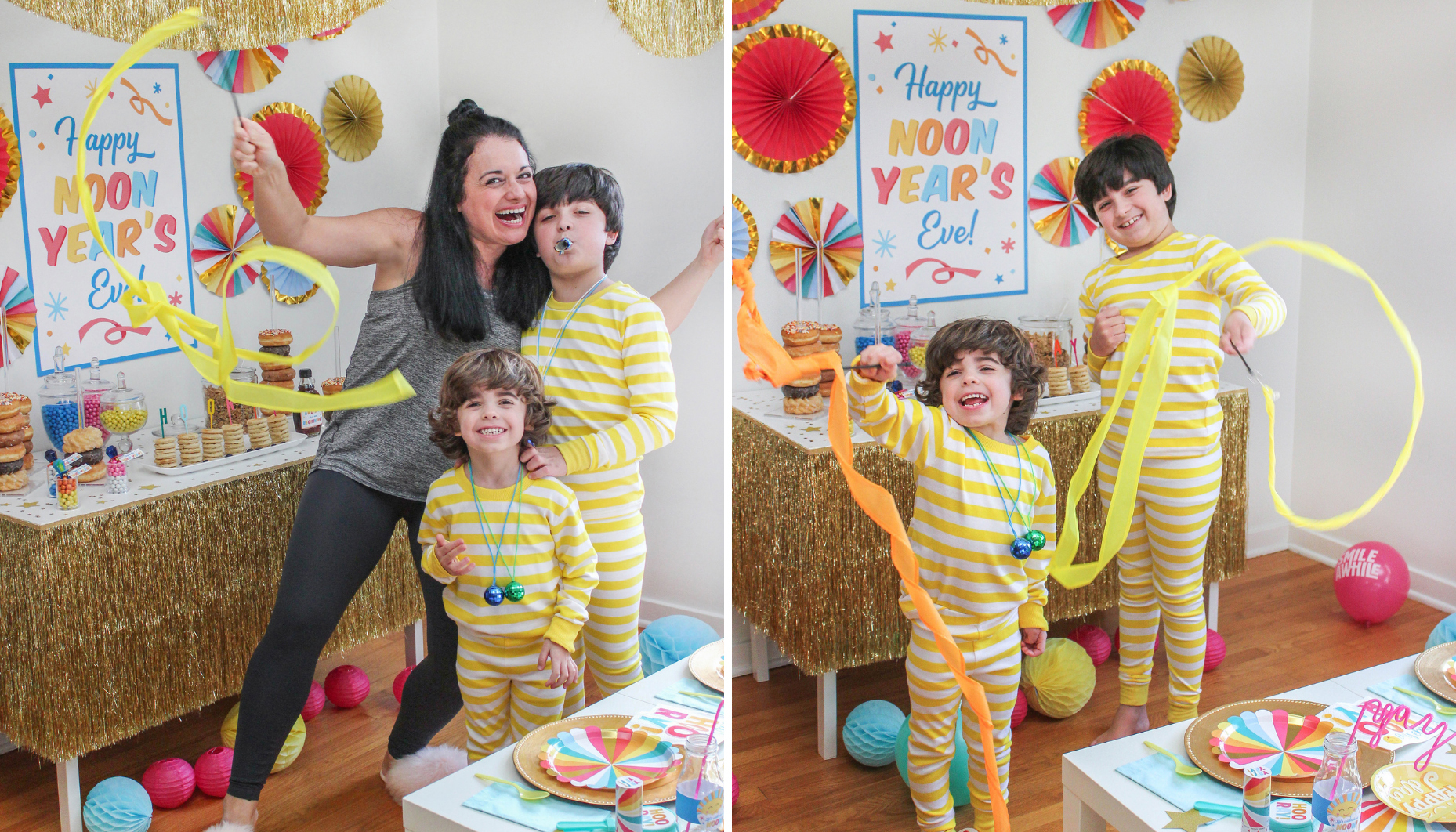 woman and two boys waving ribbon wands