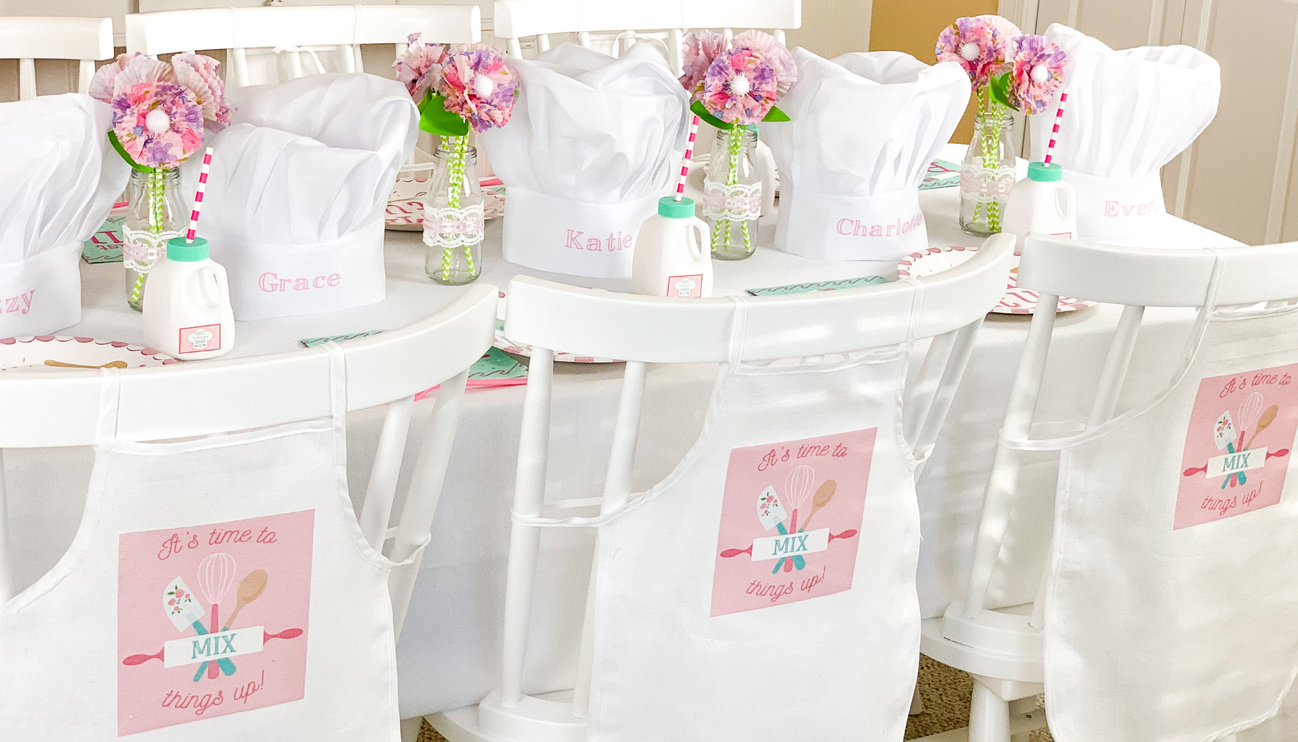 Create adorable baking party aprons and hats using our free printables.