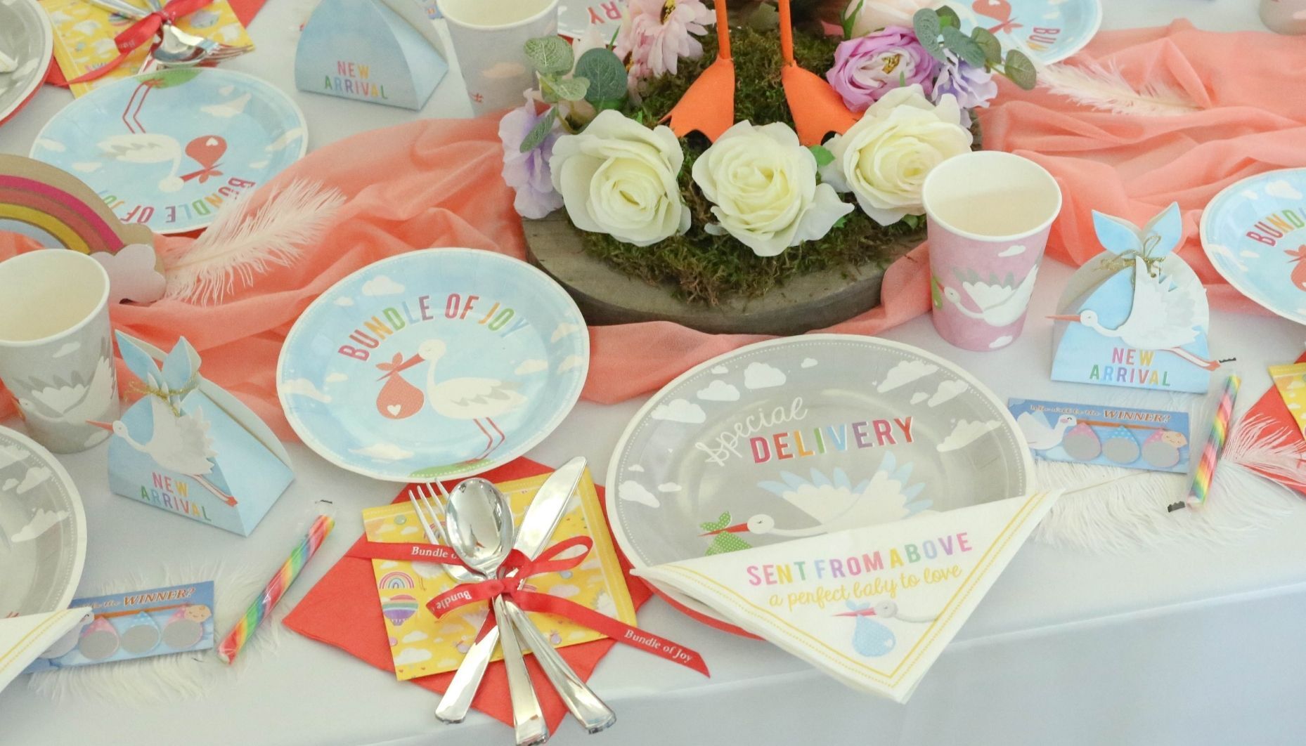 Disposable baby shower dishes with storks, clouds, hot air balloons and rainbows.