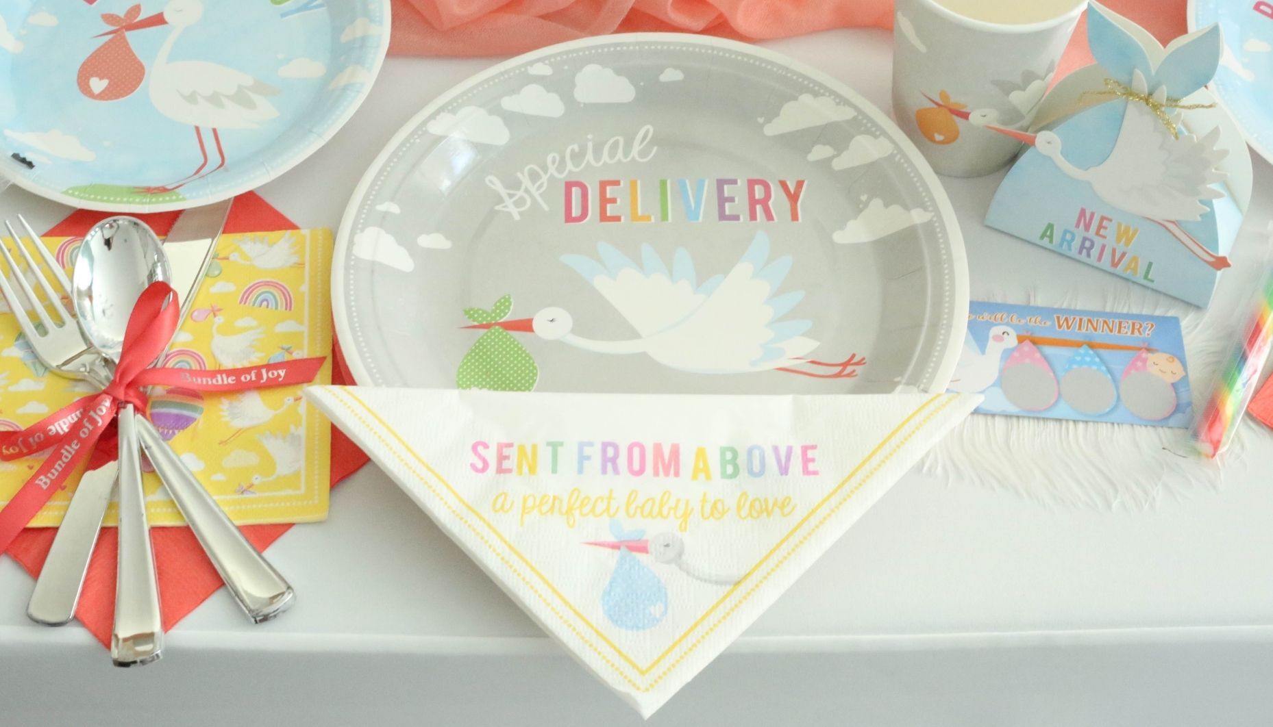 Stork themed plates and napkins for a baby shower.
