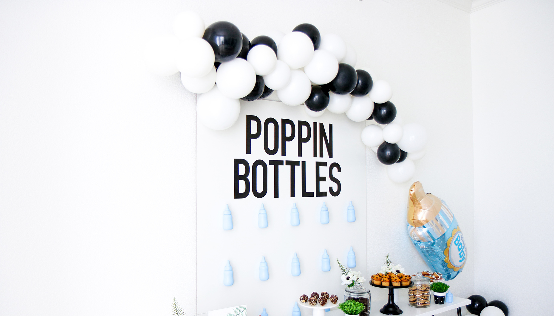 Monochromatic Popping Bottles Baby Shower  Birthday decorations, Balloon  decorations, Birthday party themes