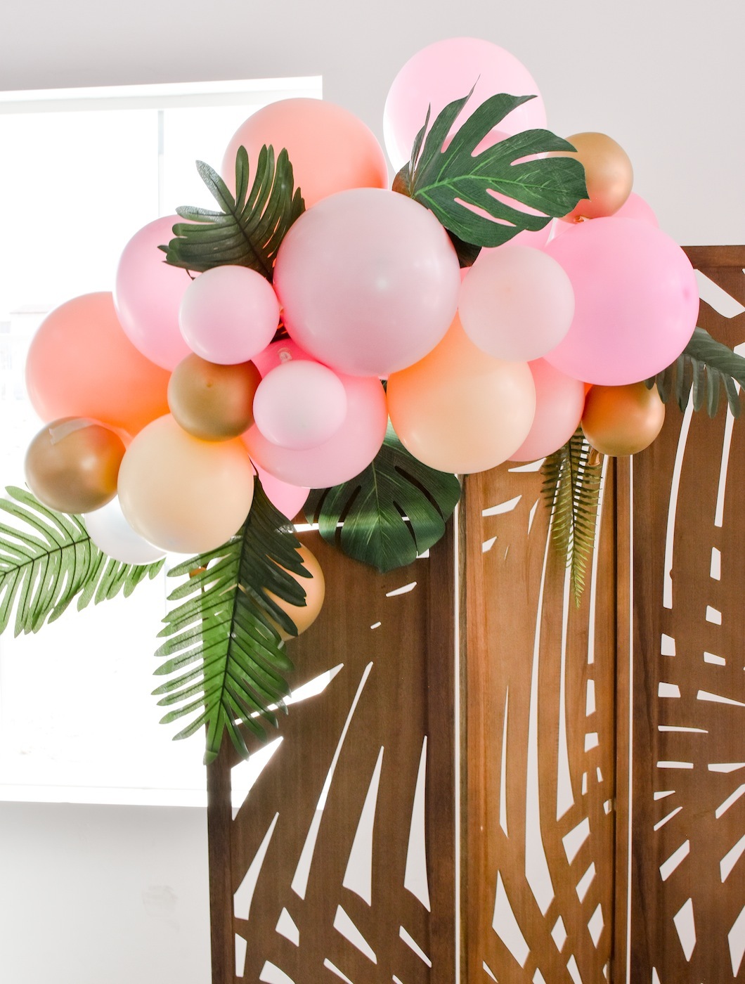 Tropical, Hawaiian theme bridal shower party, bridal shower decoration  ideas, aloha balloons, palm leaves