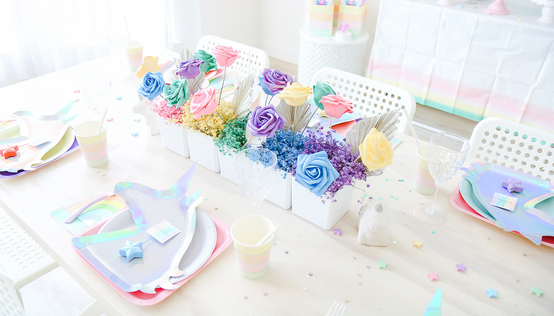 rainbow unicorn sip & see centerpiece