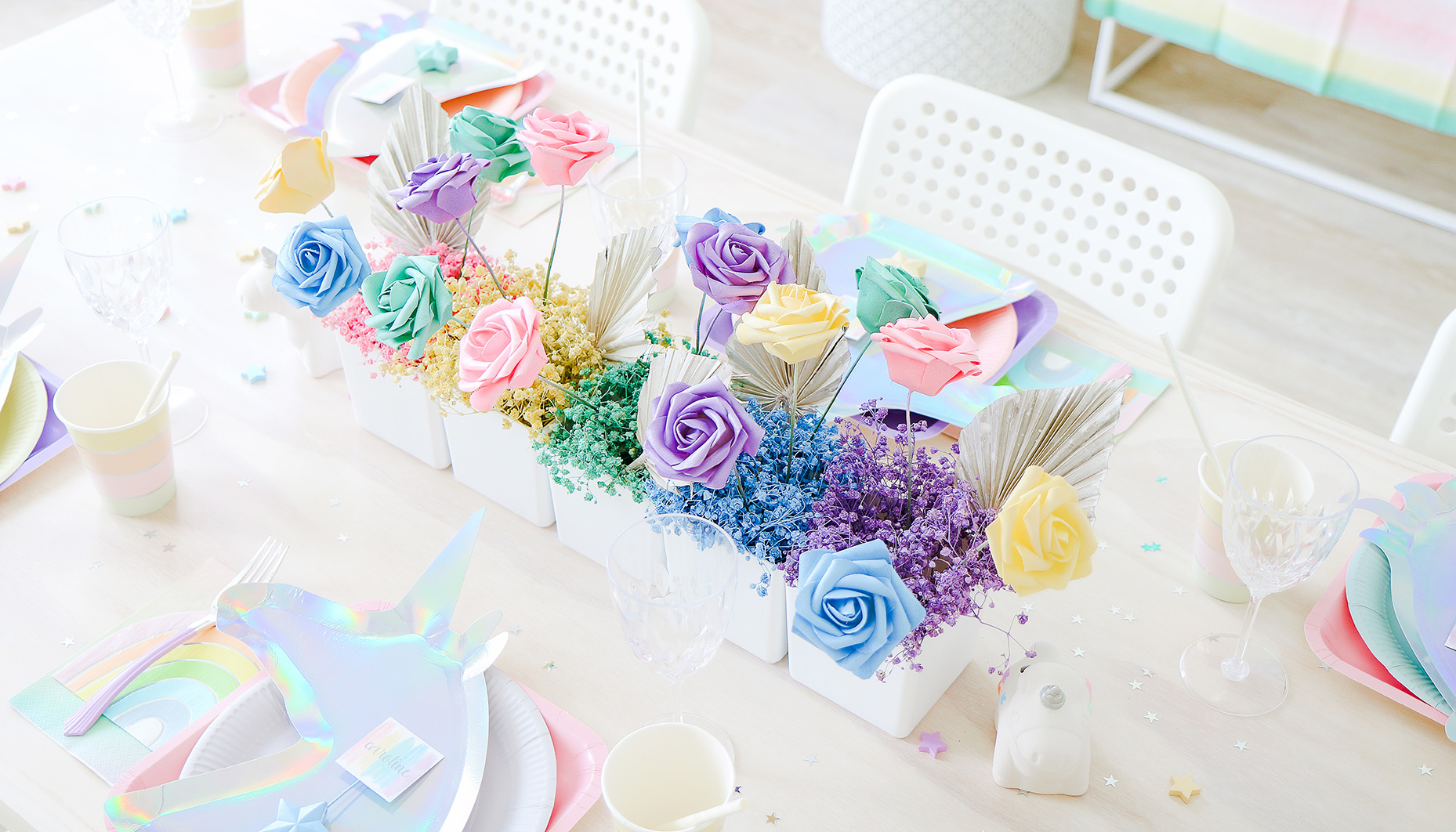 rainbow unicorn sip & see centerpiece