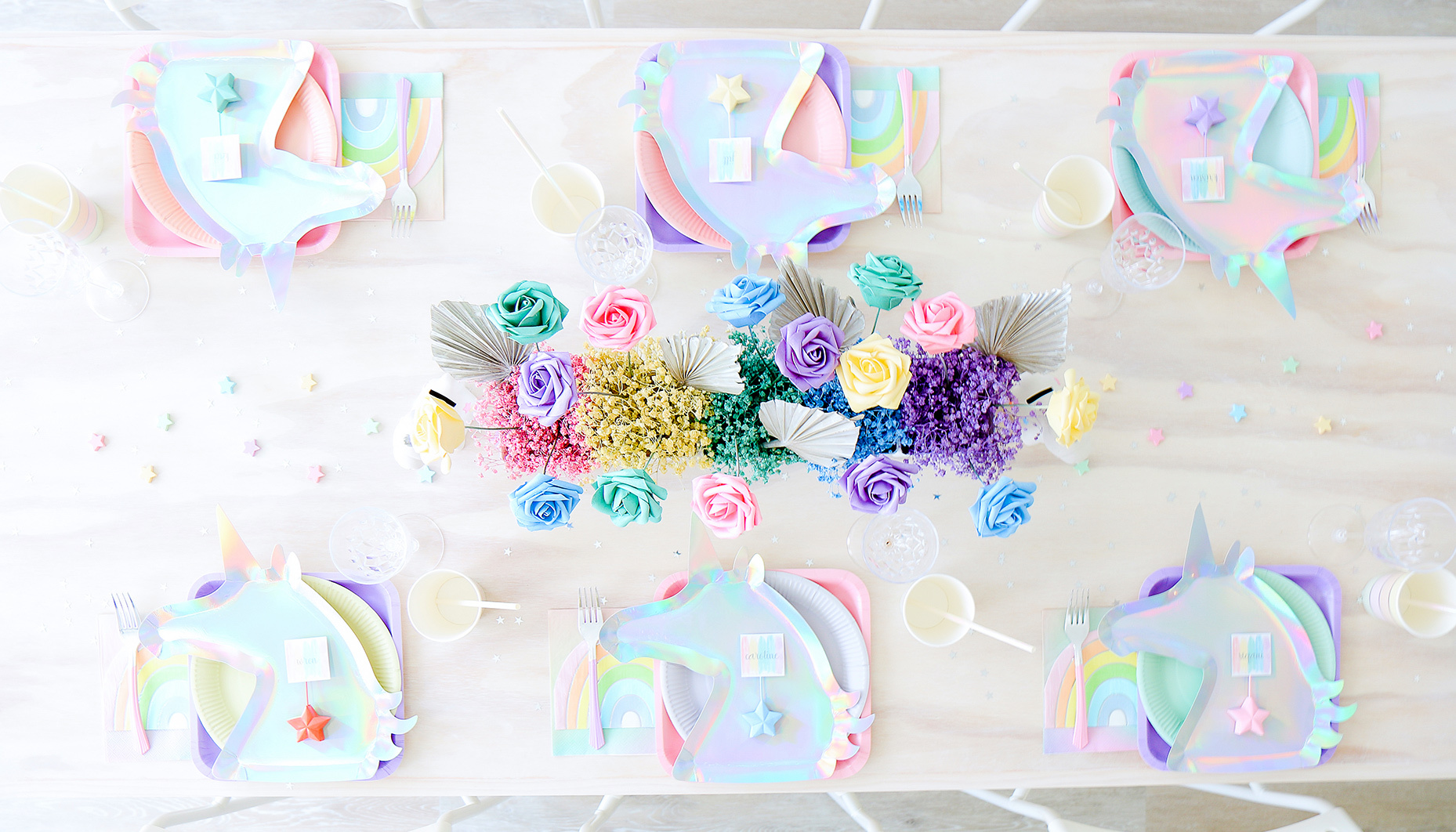 rainbow unicorn sip & see place settings