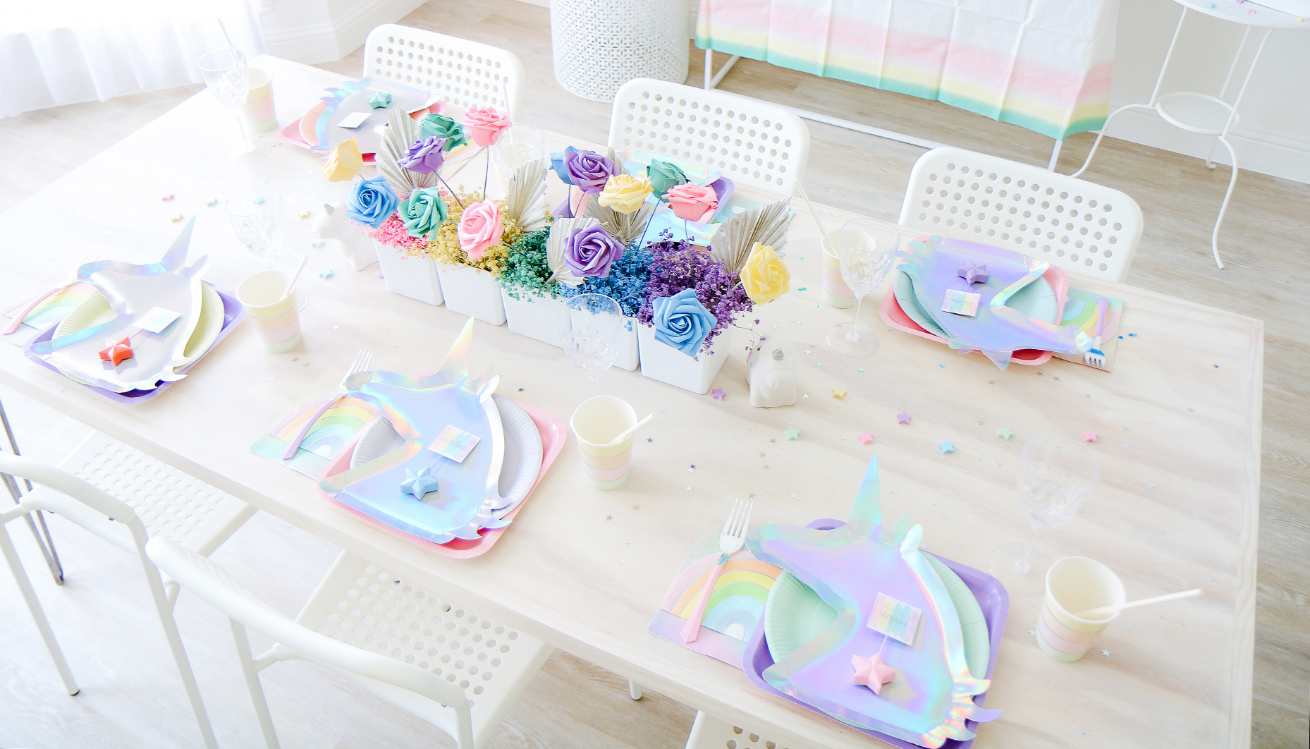 rainbow unicorn sip & see place settings