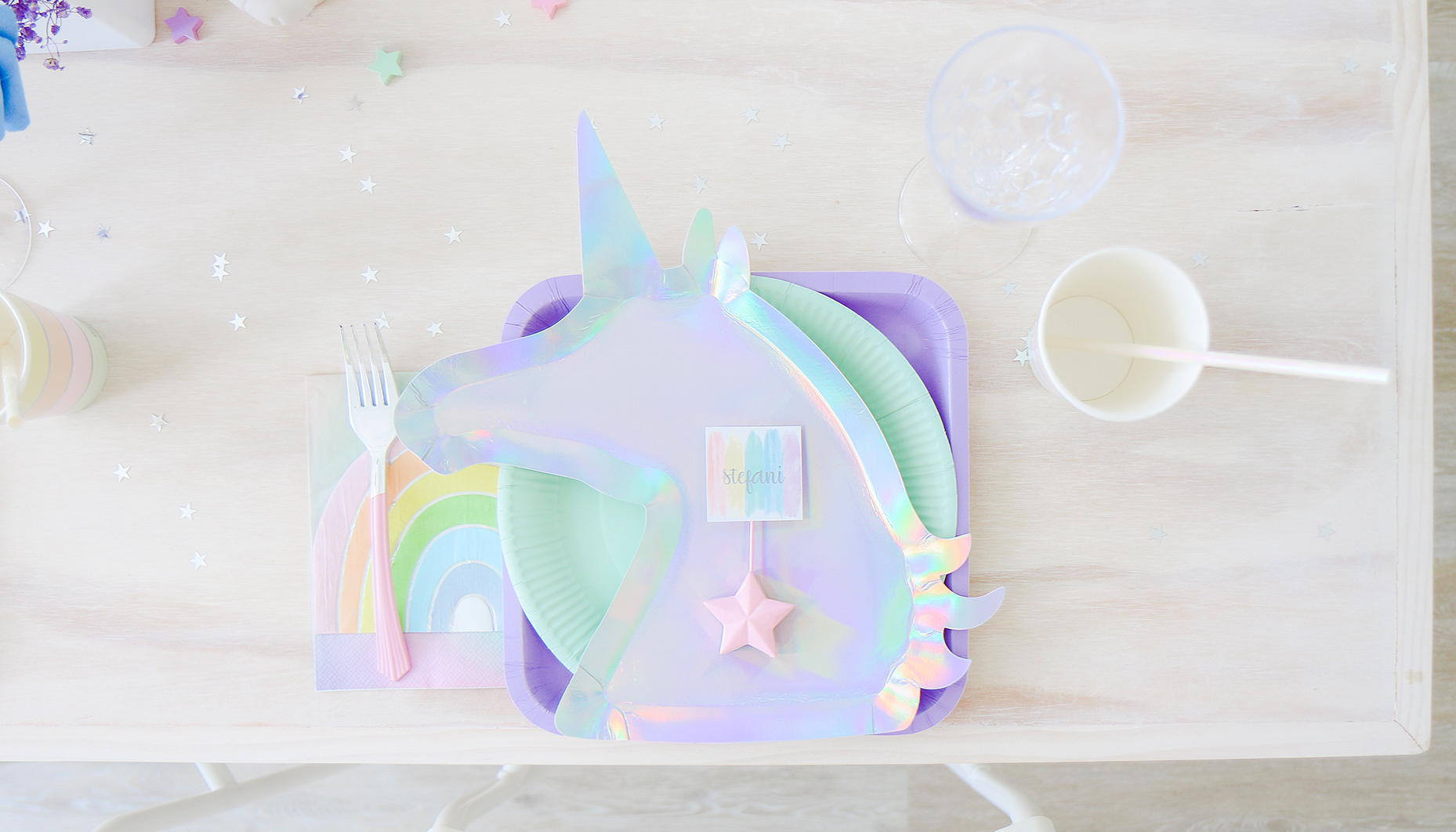 rainbow unicorn sip & see place setting