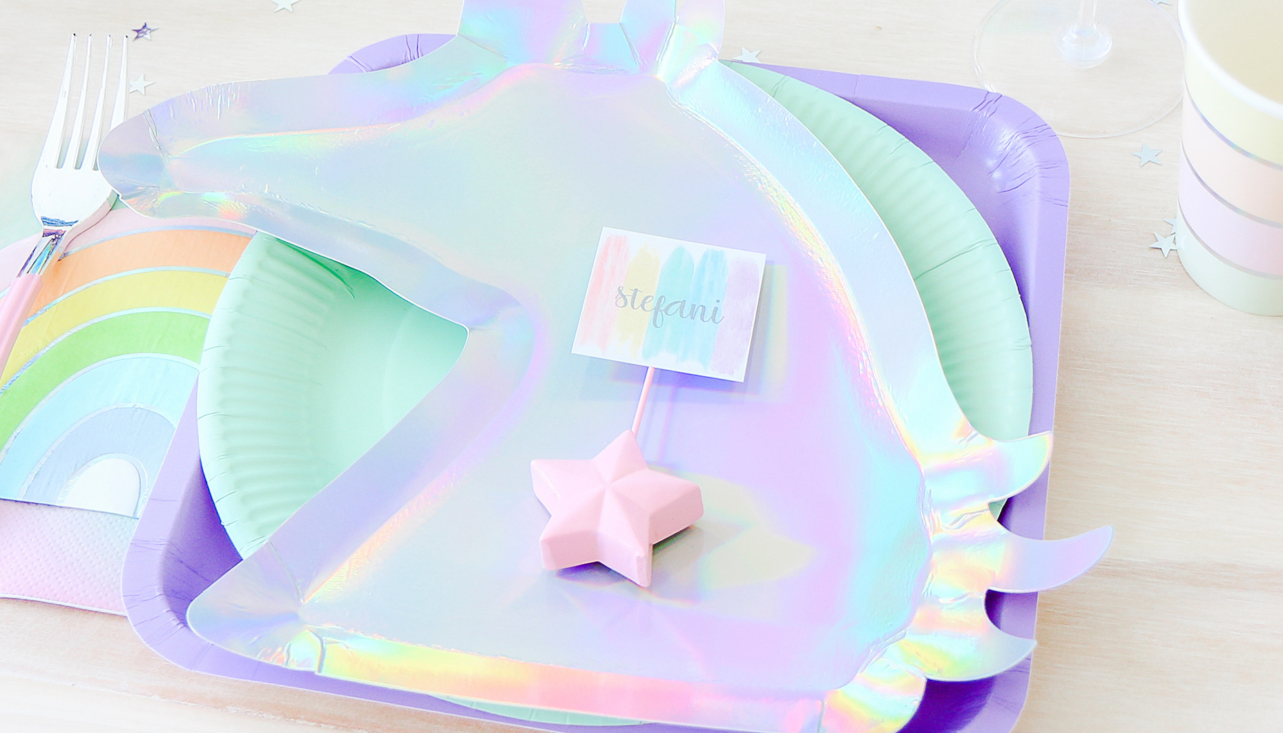 rainbow unicorn sip & see place setting