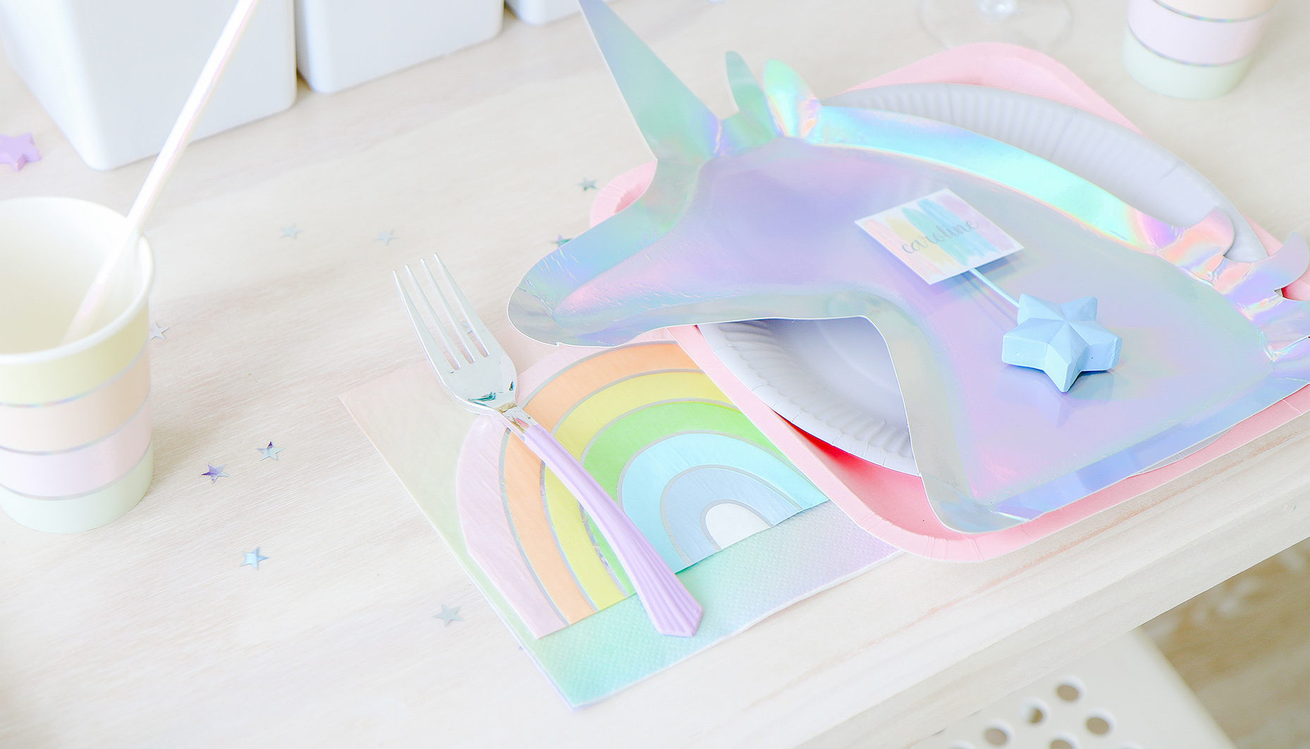 rainbow unicorn sip & see place setting