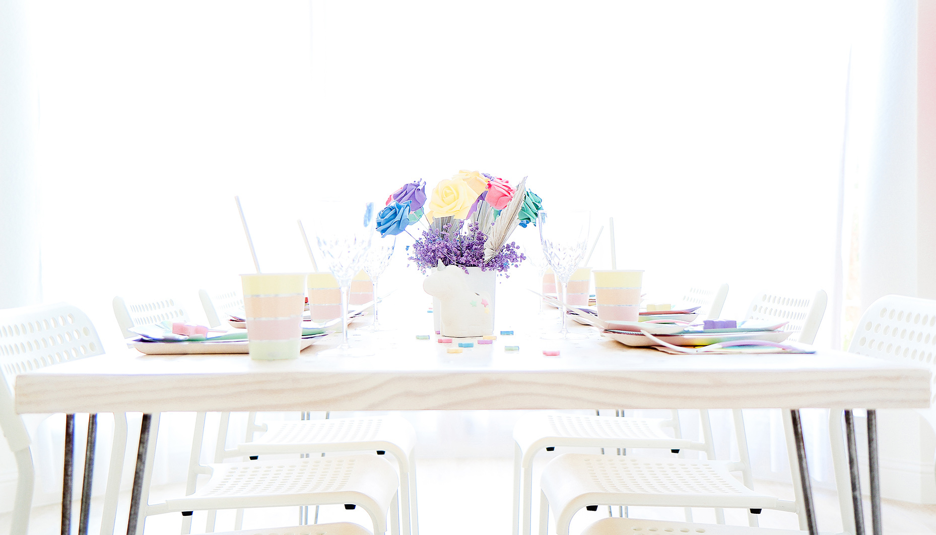 rainbow unicorn sip & see tablescape