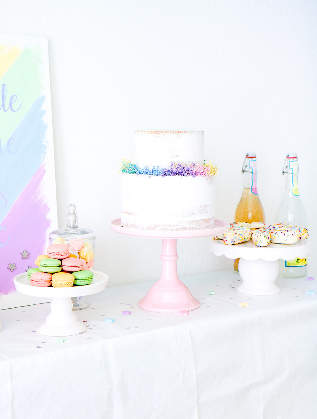 rainbow unicorn sip & see dessert table