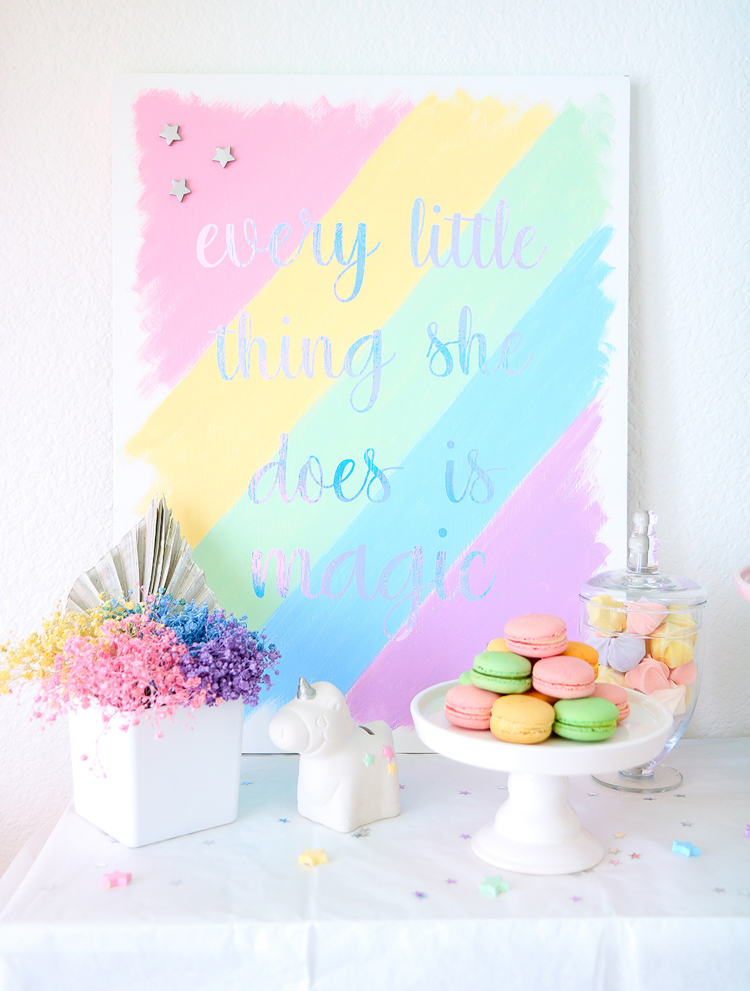 rainbow unicorn sip & see decorations