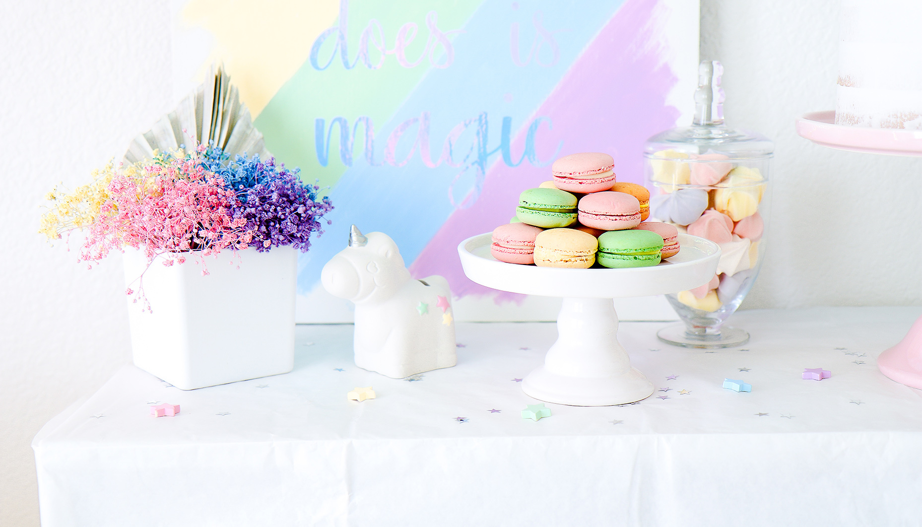 rainbow unicorn sip & see decorations