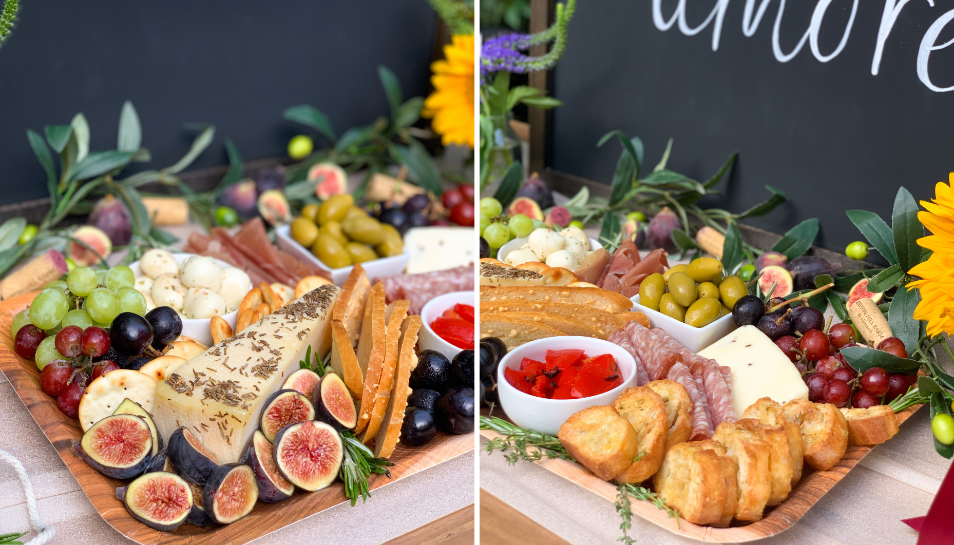 An assortment of delectable cheeses, various crostinis, meats and fruits create a gorgeous array of food for the guests to enjoy.