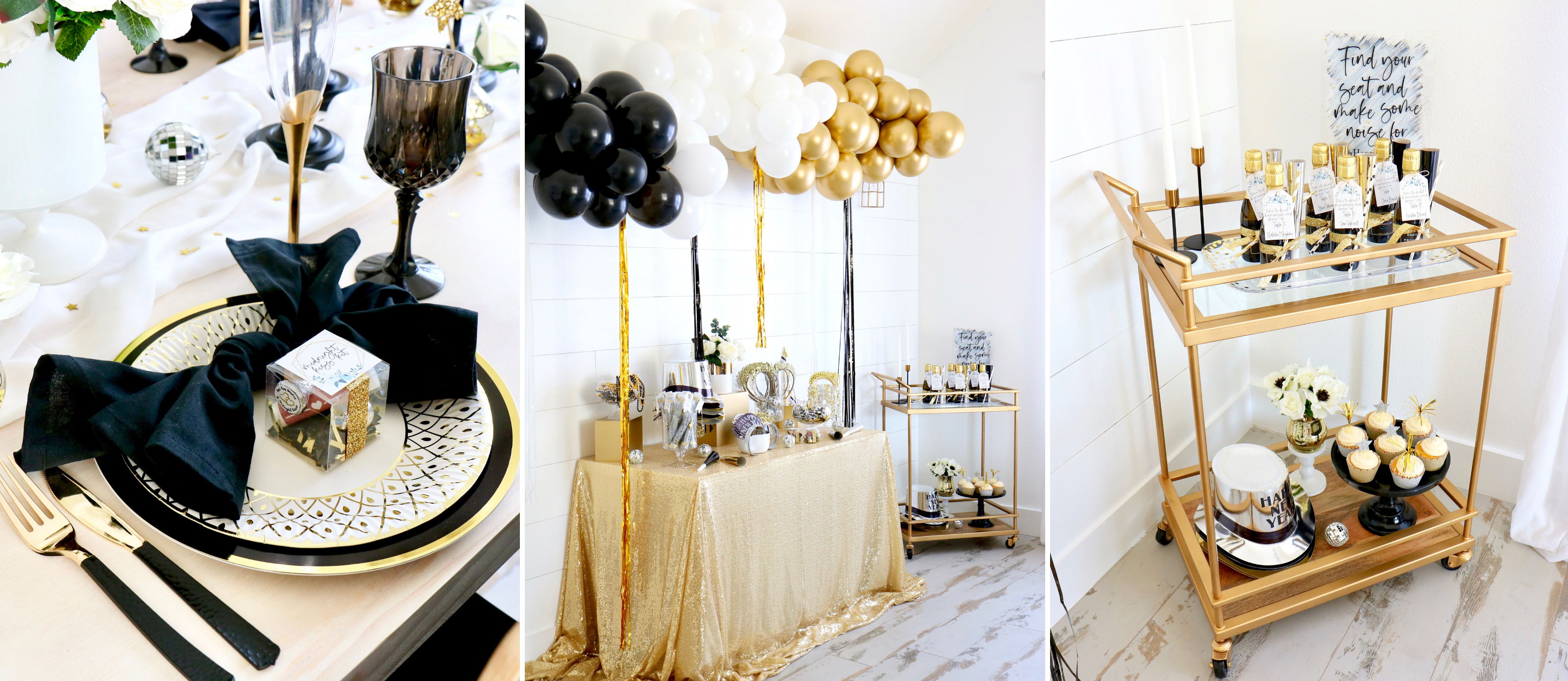 Black, white and gold party with glitter gold bottle centerpieces  Black  and gold centerpieces, Black and gold party decorations, Gold party