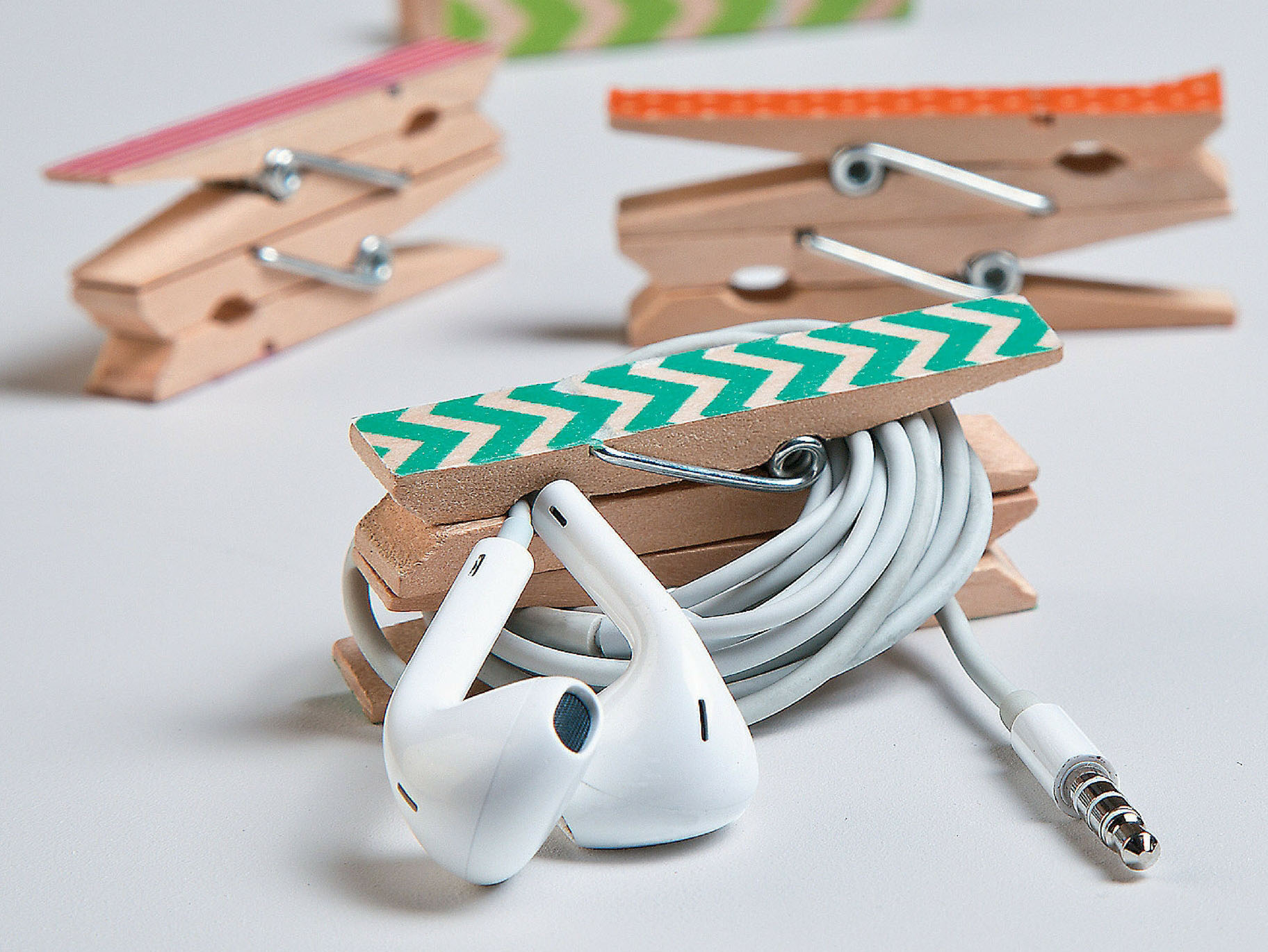 Washi Tape Clothespin Earbud Tidy Idea