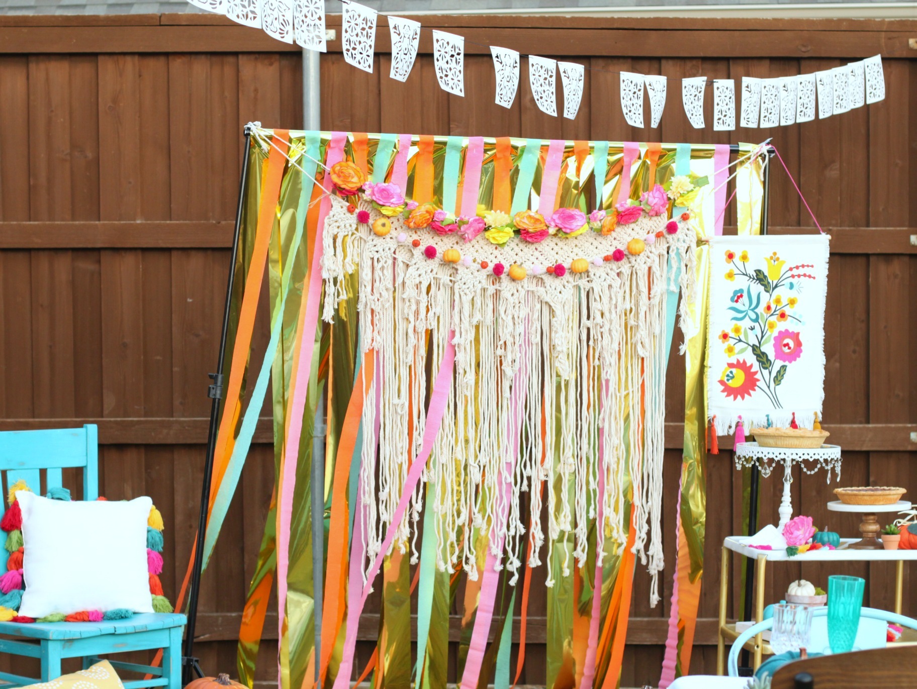 DIY Macrame and Pom-Pom Backdrop