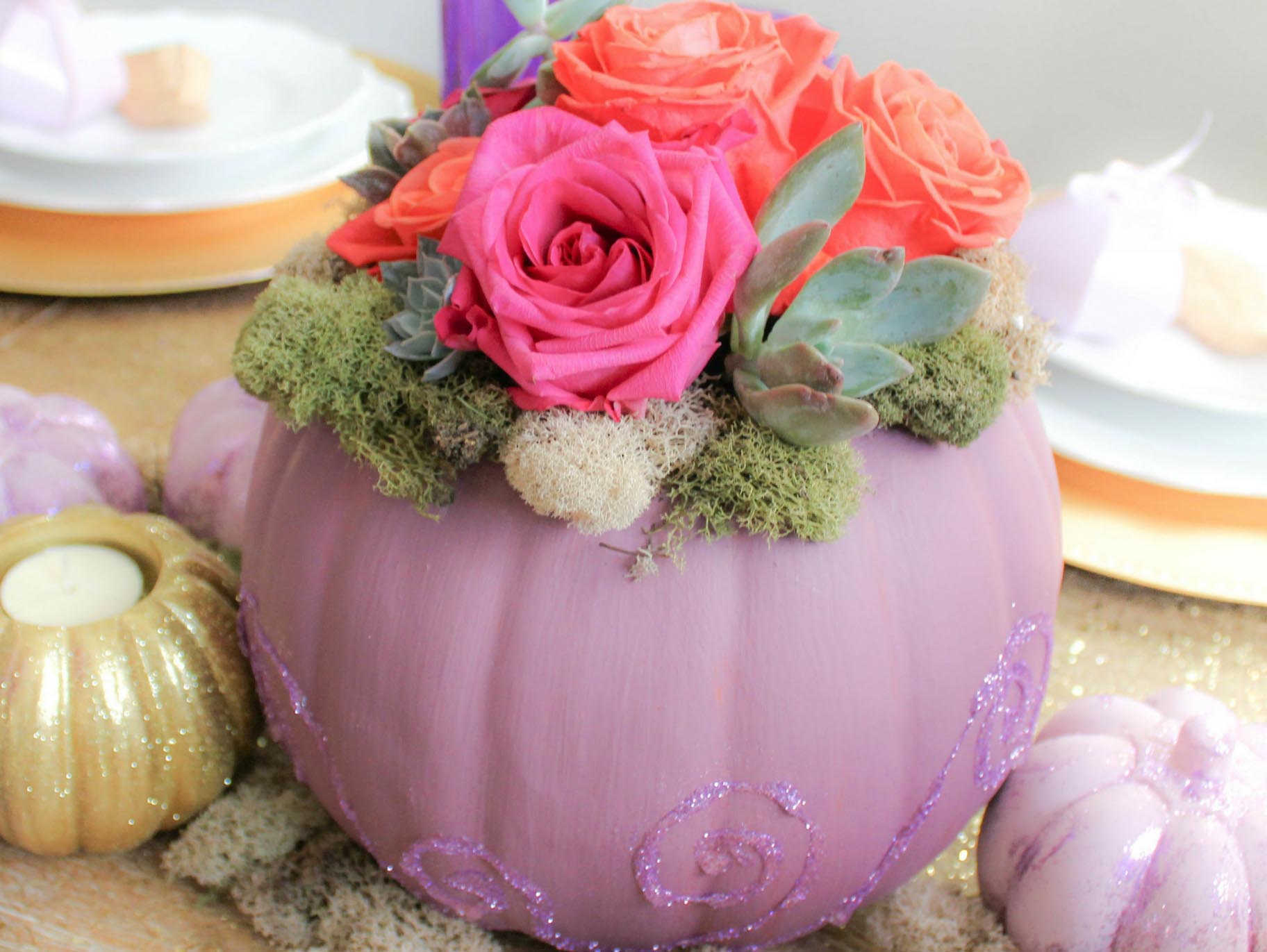 Pumpkin Vases with Fall Blooms and Succulents