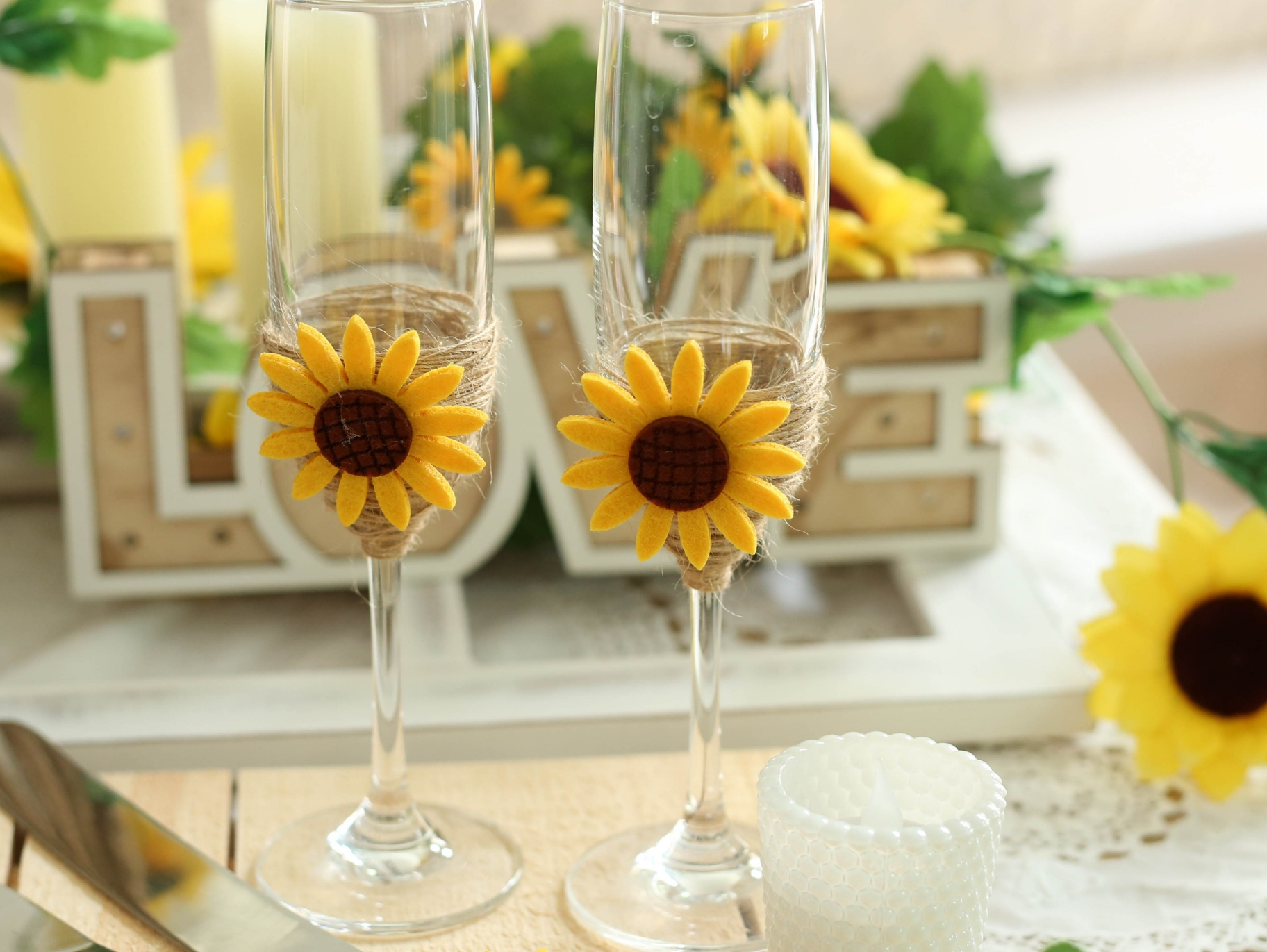 DIY Sunflower And Jute Wrapped Glasses