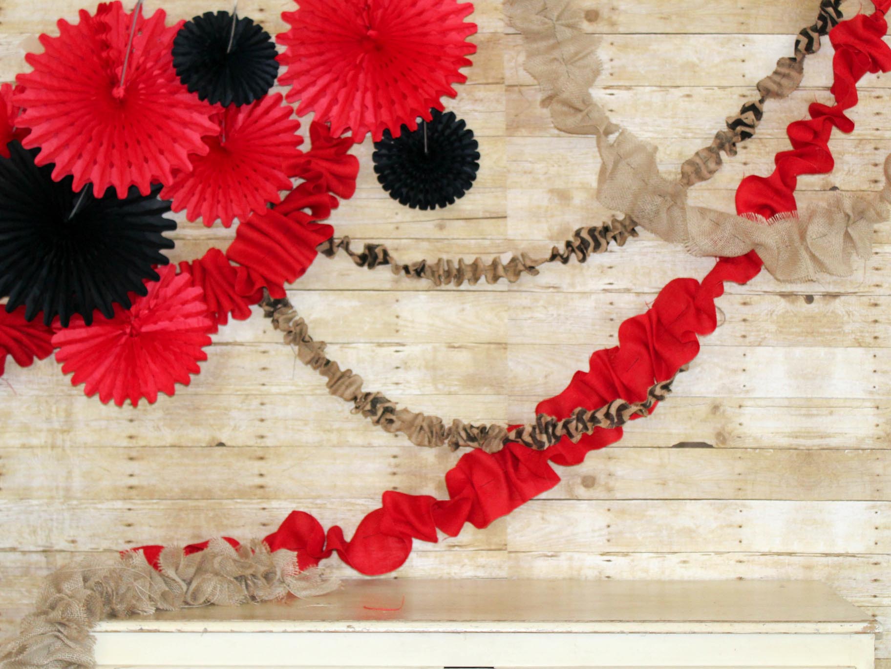 Wedding Pie Bar Rustic Backdrop with Ruffled Streamers