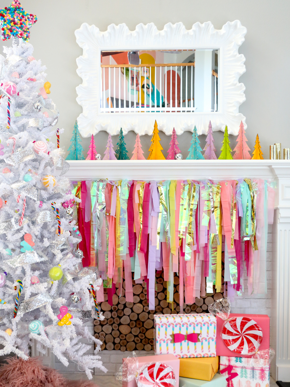 Bright Candy Themed Christmas Tree and Mantel