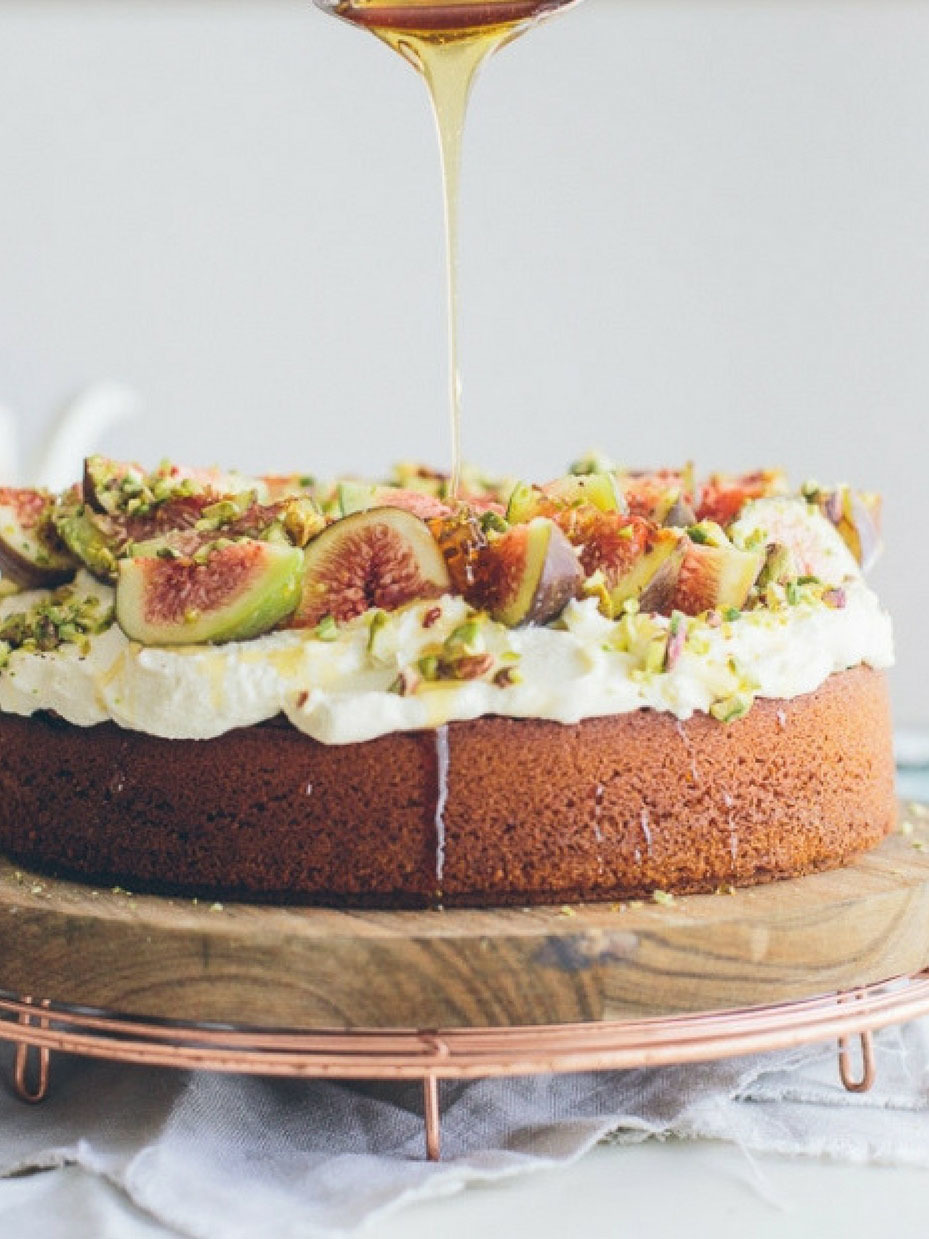 Honey Cake with Mascarpone, Figs and Pistachios
