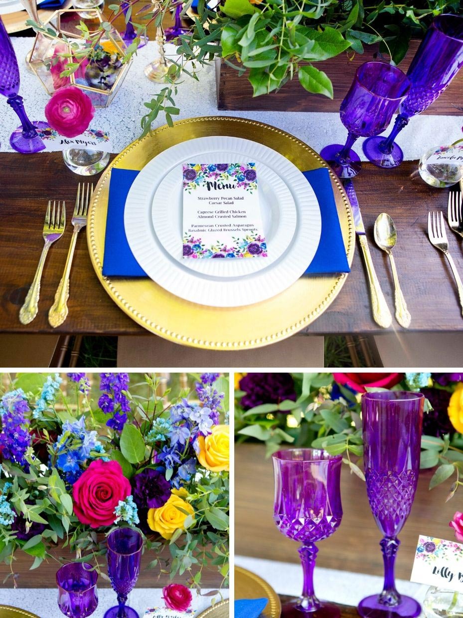 Jewel Tone Wedding Place Settings and Centerpiece Idea
